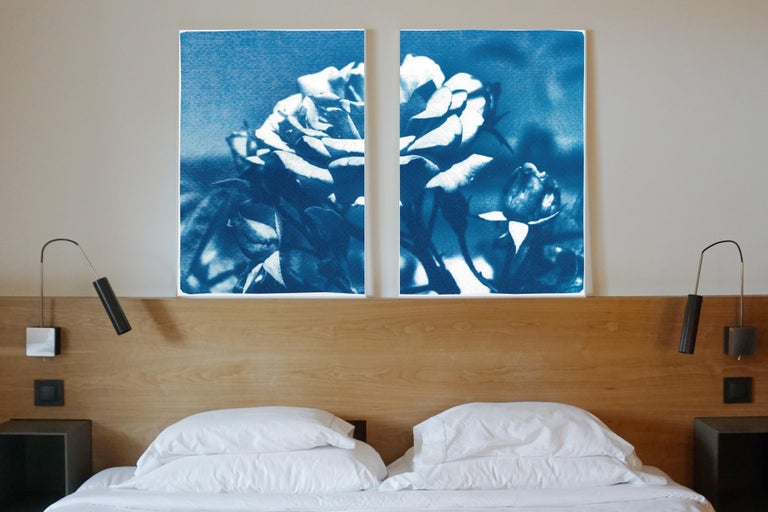 Wild Blue Flowers, Large Still Life Diptych, Cyanotype Print on Watercolor Paper - Art by Kind of Cyan