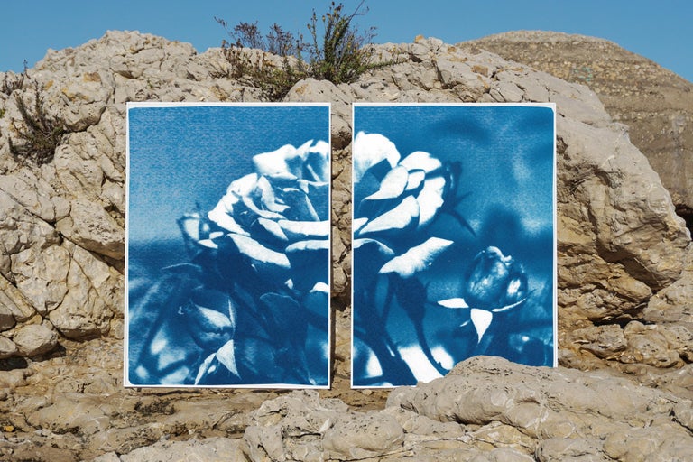 Wild Blue Flowers, Large Still Life Diptych, Cyanotype Print on Watercolor Paper - Photorealist Art by Kind of Cyan