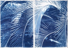 Lush Palm Bushes, Botanical Diptych, Still Life in Blue Tones, Tropical Style