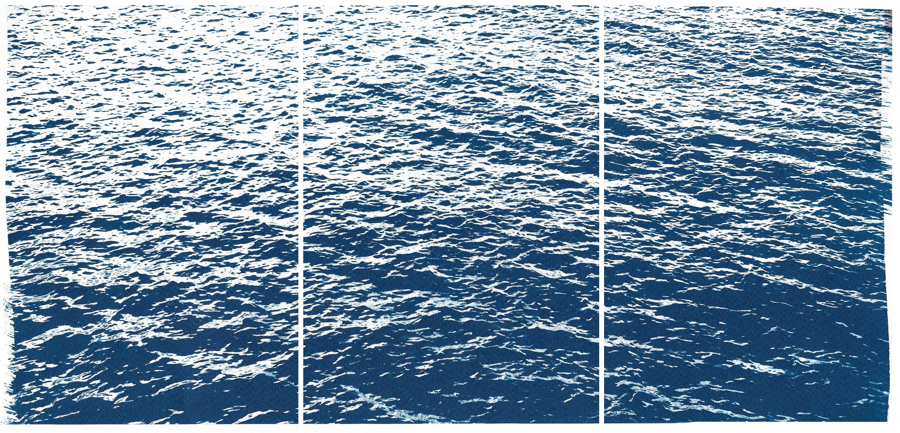 Bright Seascape in Capri, Nautical Cyanotype Triptych, Mediterranean Blue Waves 