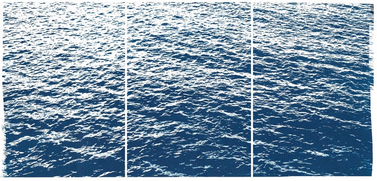 Kind of Cyan Landscape Print - Bright Seascape in Capri, Navy Cyanotype Triptych 100x210 cm, Edition of 20