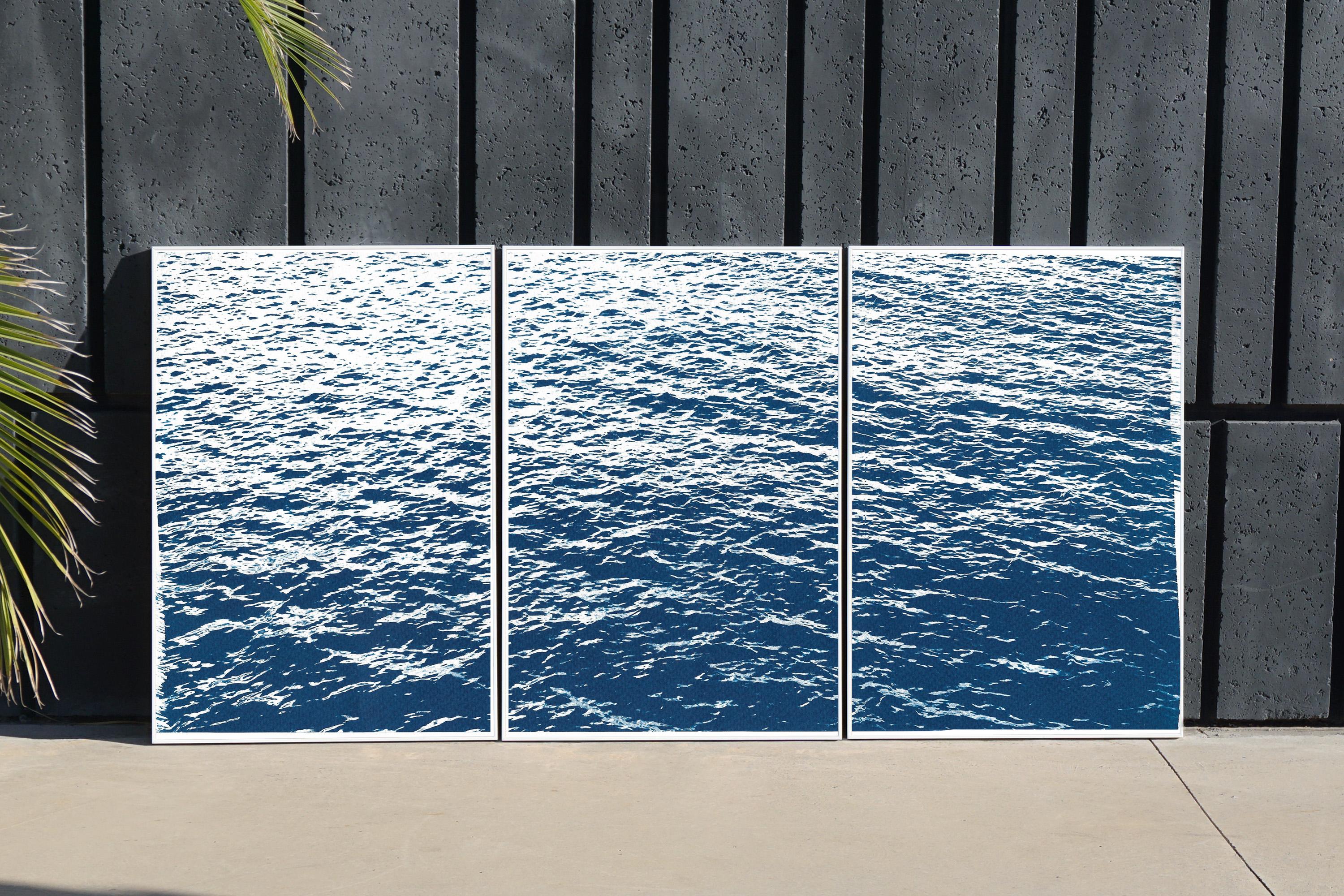 Diese Serie von Cyanotypie-Triptychen zeigt die Schönheit von Naturszenen, darunter atemberaubende Strände und Ozeane sowie die komplizierten Texturen von Wasser, Wäldern und Himmel. Diese Triptychen sind großformatig und in satten Blautönen