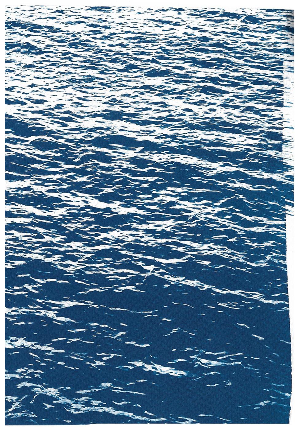 Bright Seascape in Capri, Nautical Cyanotype Triptych, Mediterranean Blue Waves  For Sale 3