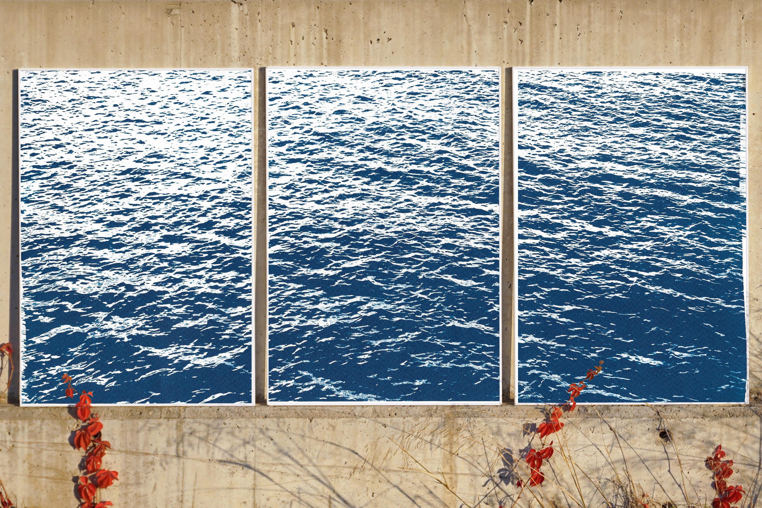 Bright Seascape in Capri, Nautical Cyanotype Triptych, Mediterranean Blue Waves  For Sale 4