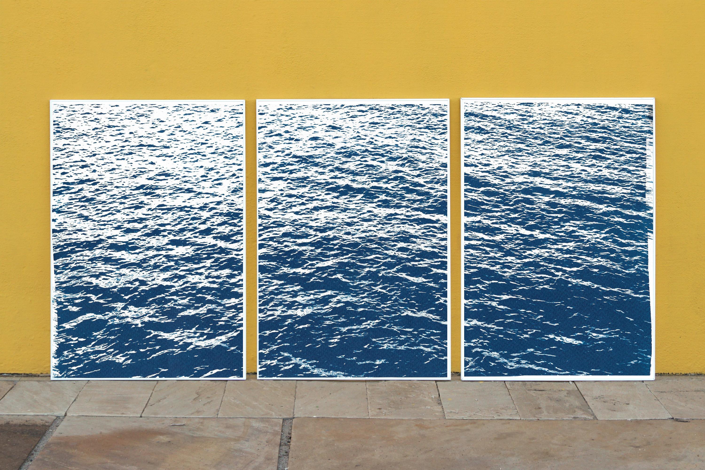 Bright Seascape in Capri, Nautical Cyanotype Triptych, Mediterranean Blue Waves  For Sale 5