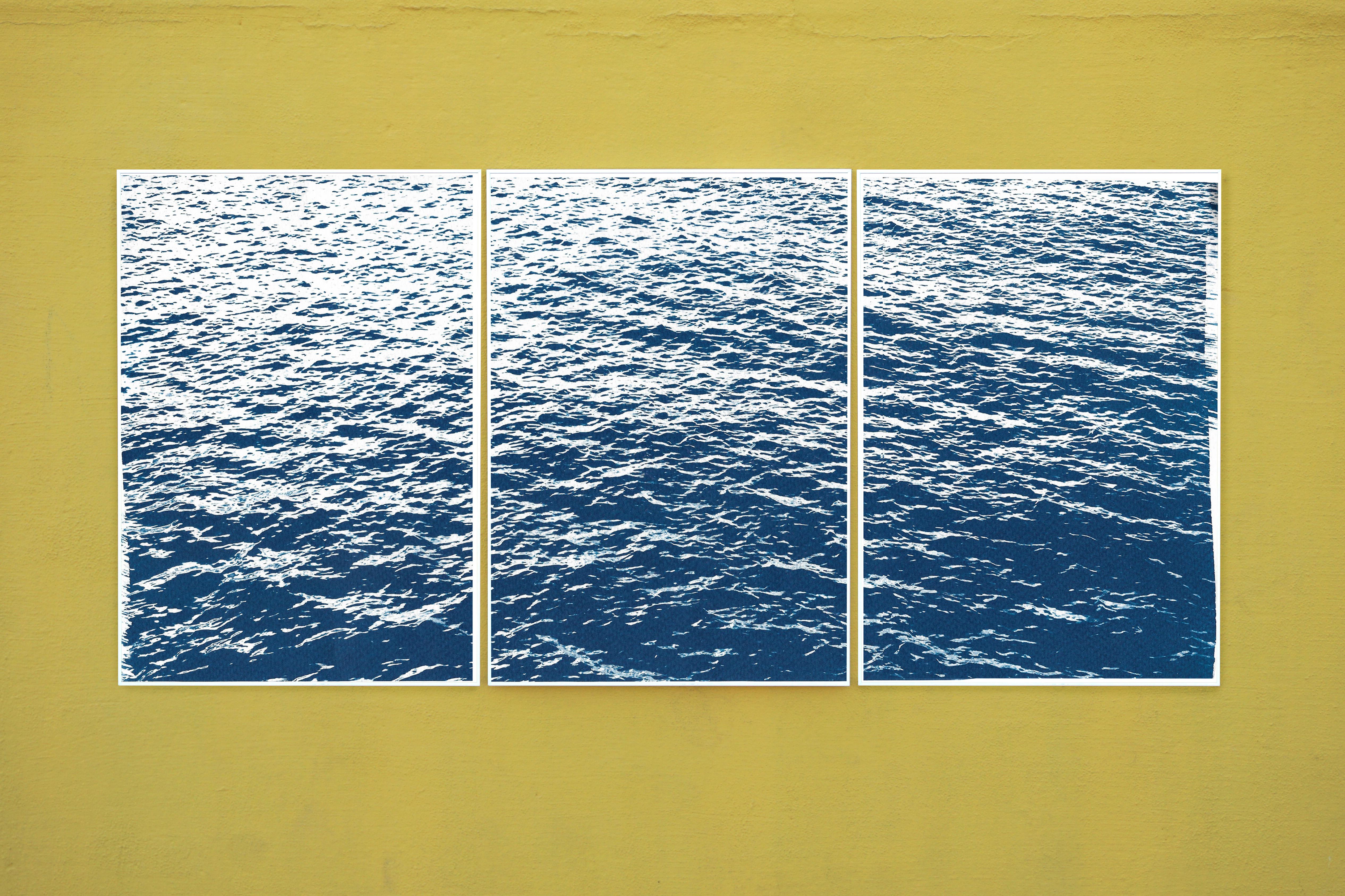 Bright Seascape in Capri, Nautical Cyanotype Triptych, Mediterranean Blue Waves  For Sale 6