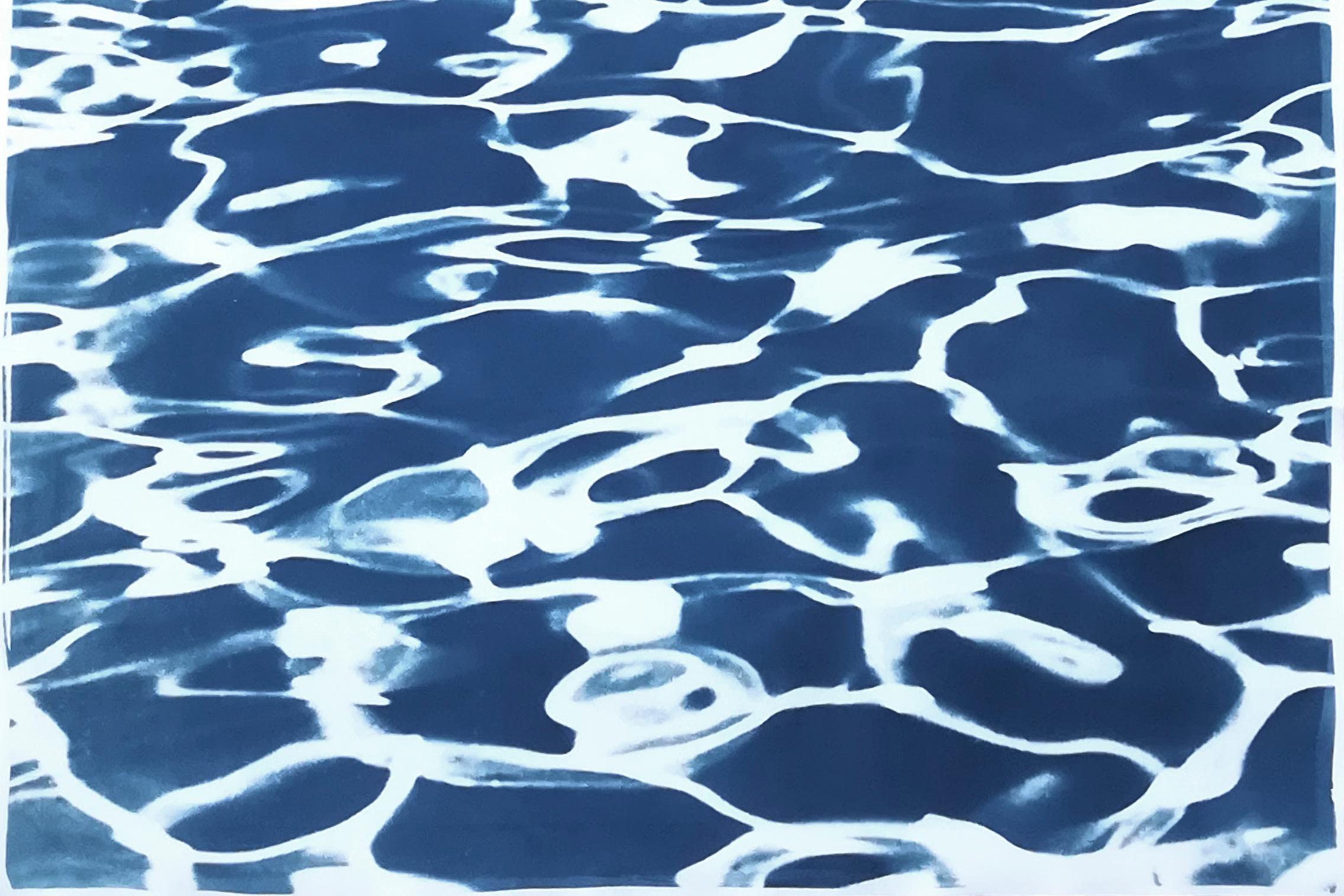 Großes dreiteiliges Triptychon mit kalifornischen Poolmustern, handgedruckt, Cyanotype, Sommerstil im Angebot 4