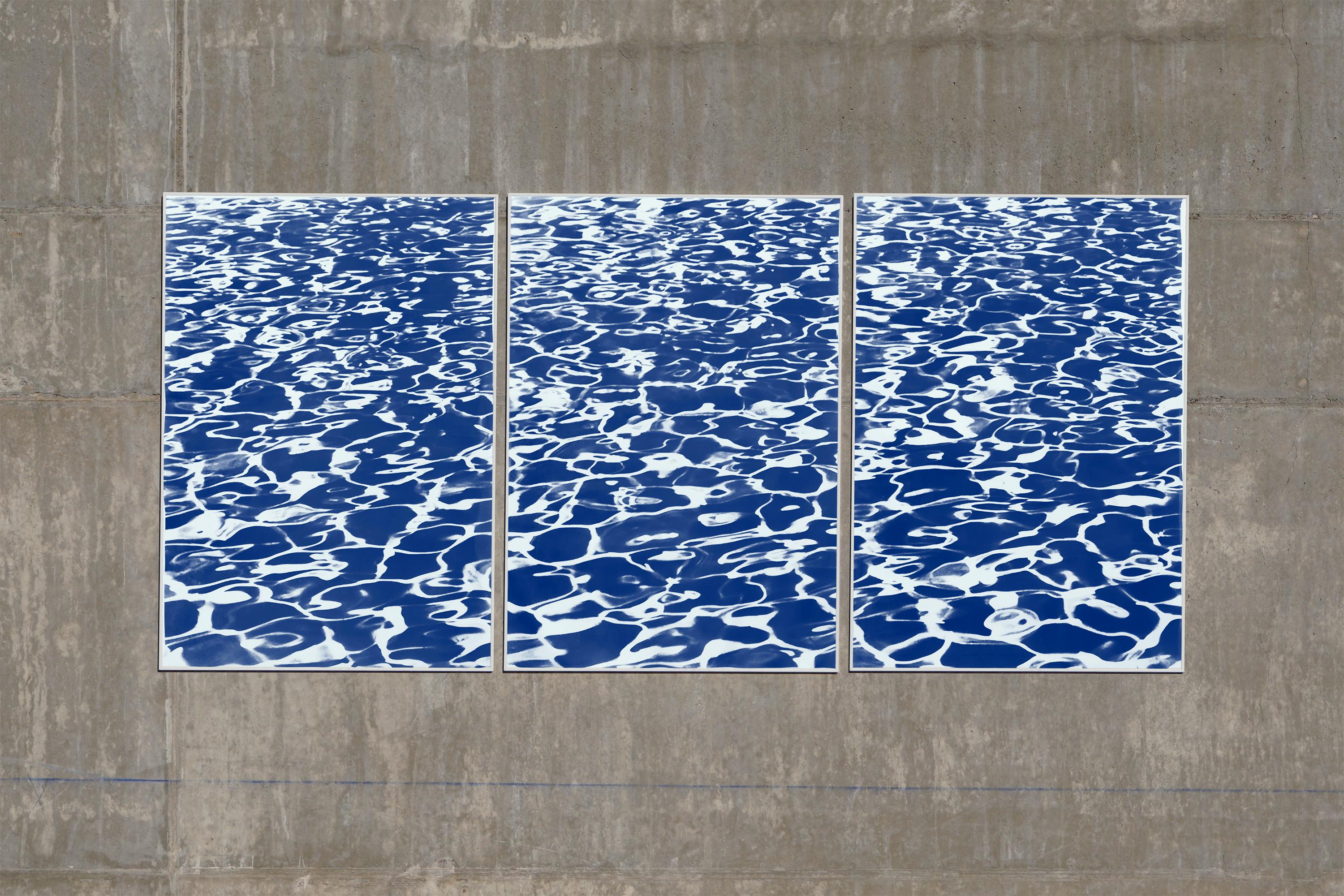 Großes dreiteiliges Triptychon mit kalifornischen Poolmustern, handgedruckt, Cyanotype, Sommerstil im Angebot 9