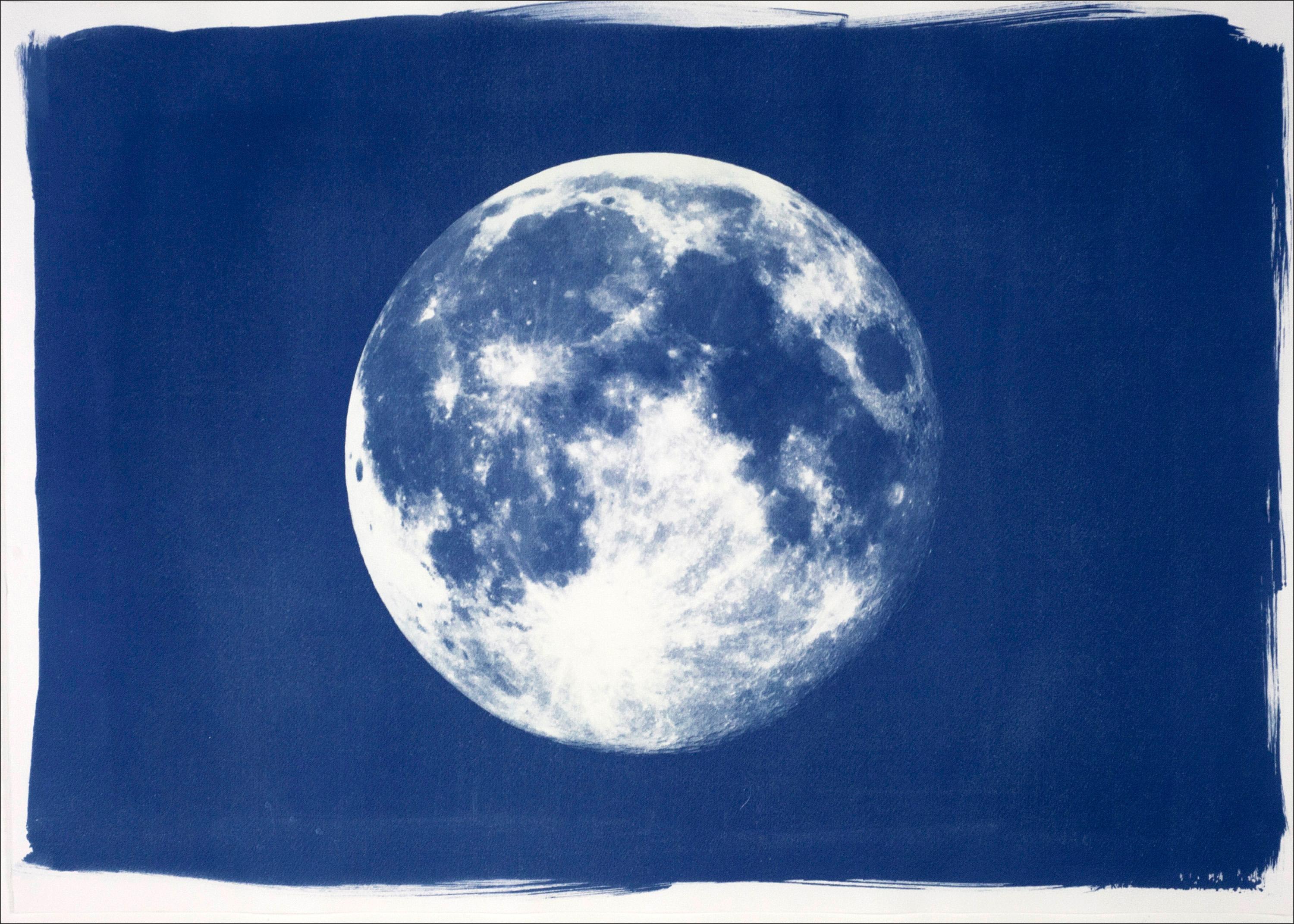Full Blue Moon, Handmade Cyanotype on Watercolor Paper, Cosmos, Deep Blue Space