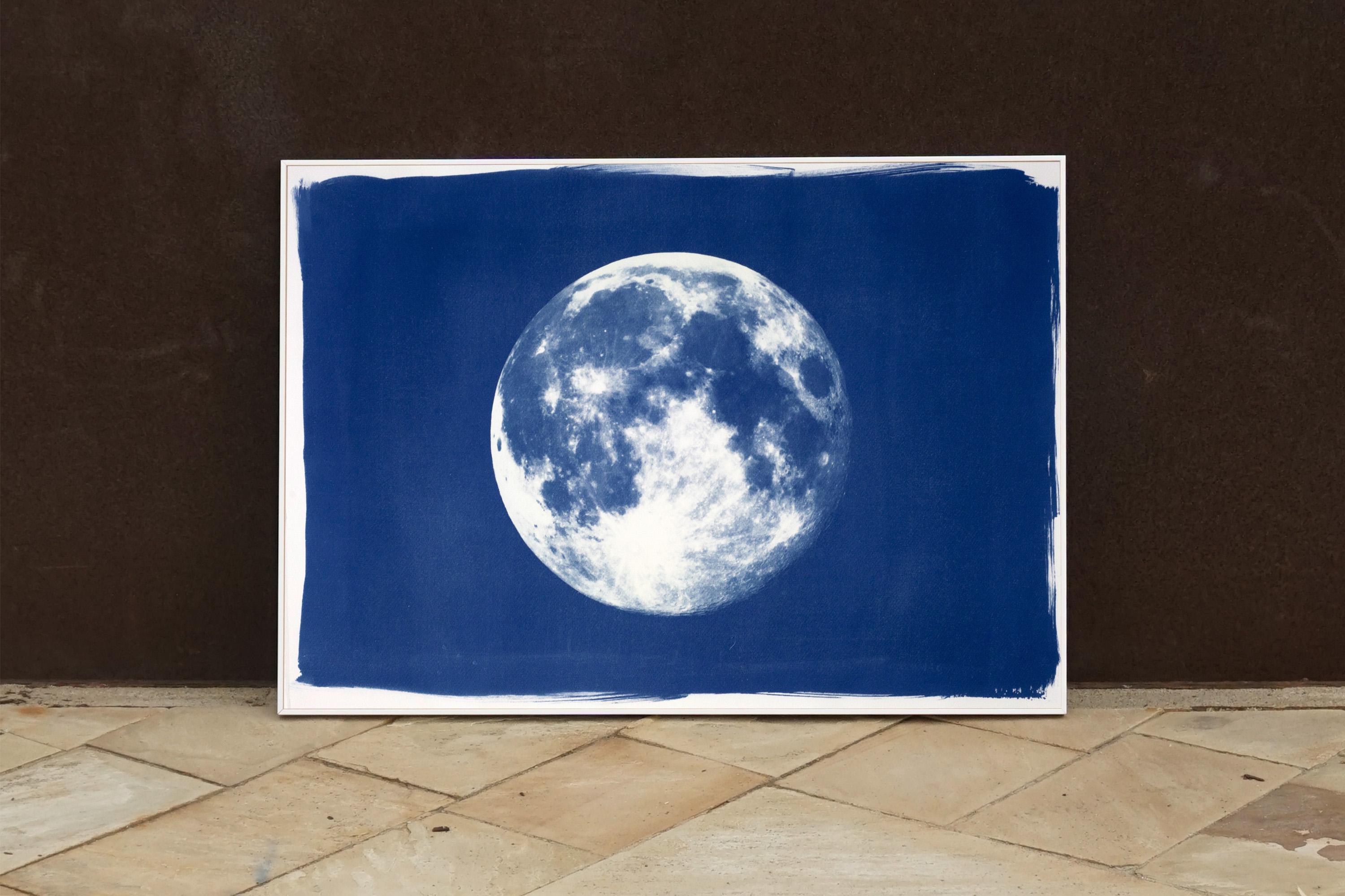 Full Blue Moon, Handmade Cyanotype on Watercolor Paper, Cosmos, Deep Blue Space - Realist Art by Kind of Cyan