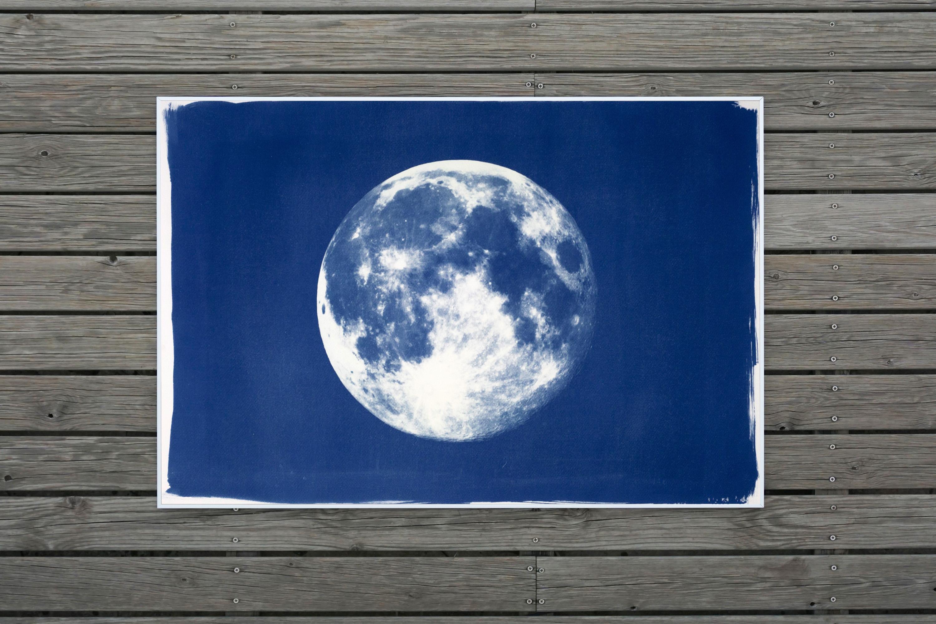 Full Blue Moon, Handmade Cyanotype on Watercolor Paper, Cosmos, Deep Blue Space For Sale 2