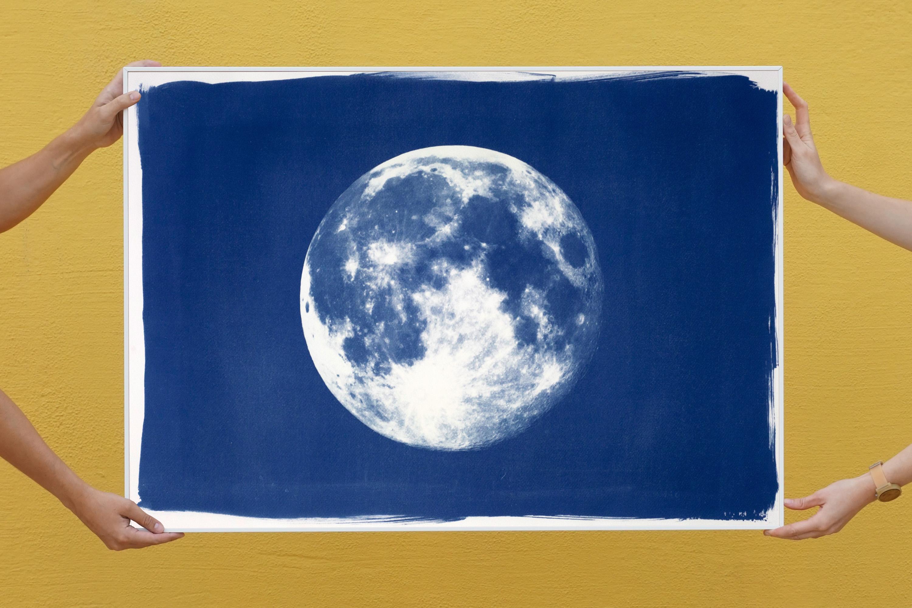 Full Blue Moon, Handmade Cyanotype on Watercolor Paper, Cosmos, Deep Blue Space For Sale 3