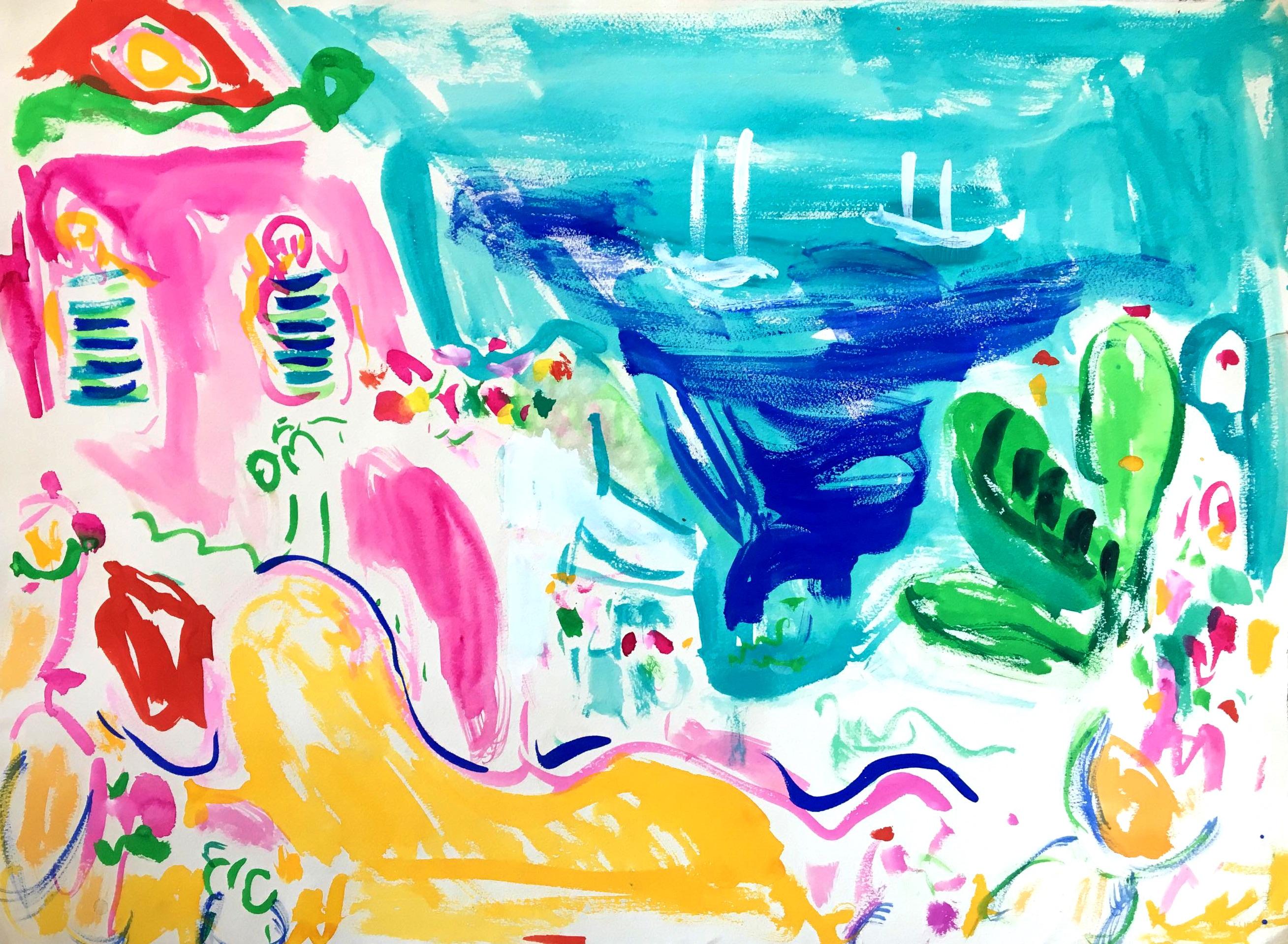 Bob Paul Kane Abstract Drawing – Positano House Terrace & Sea, 2000er Jahre