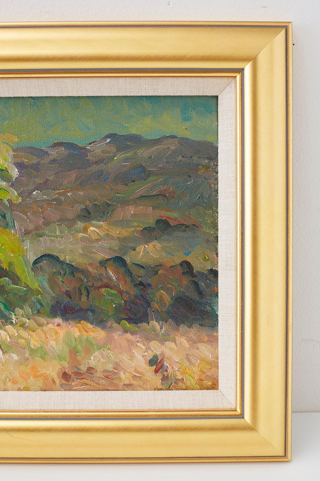 Impressionist landscape painting by John A. Dominique (Sweden/California 1893-1994) titled Summer in Ojai 1955. California school painting of the central coast area signed and dated bottom right. This painting was done when he lived in Montecito