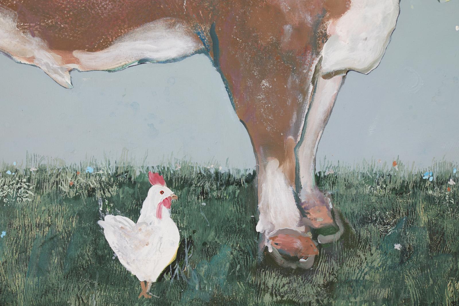 French Cow with Chickens Oil Painting - Gray Animal Painting by Ira Yeager