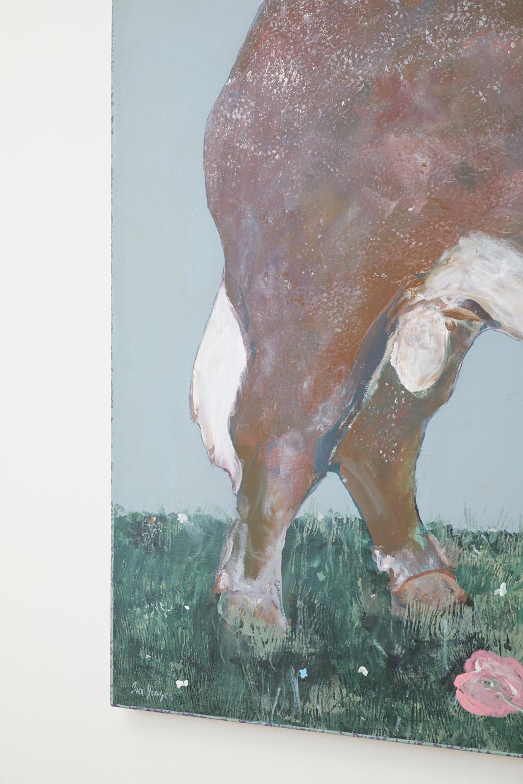 Monumental oil on canvas painting by Ira Yeager (b. 1938) of a French cow with chickens wearing a colorful wreath of flowers. Signed bottom left. Ira Yeager calls the Napa Valley his home where he creates paintings that show his love for the 18th
