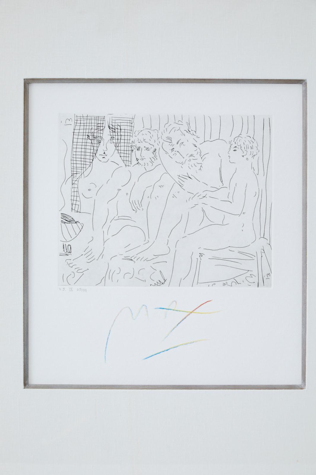 Fantastisches Paar von Peter Max (Amerikaner, geb. 1937) V. 3. IX und XII. In der Art von Picasso jeder Farbstift signiert unten Mitte und betitelt unten links 63 von 99. Montiert in vergoldeten Silberrahmen mit weißer Leineneinfassung. Radierungen