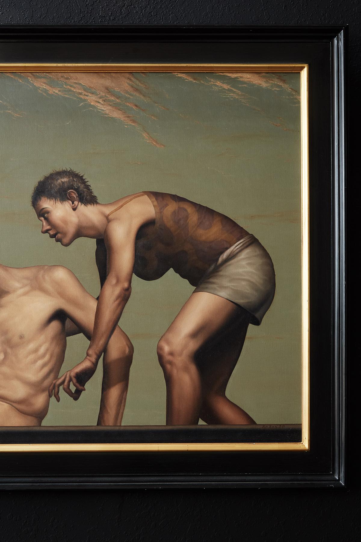 Extraordinary oil on linen painting by Aleksander Balos (b. 1970 Polish) titled Acceptance. Painting measures 66 inches wide and 33 inches high set in an ebonized frame with gilt trim. Gallery label affixed verso. Signed on bottom right.

