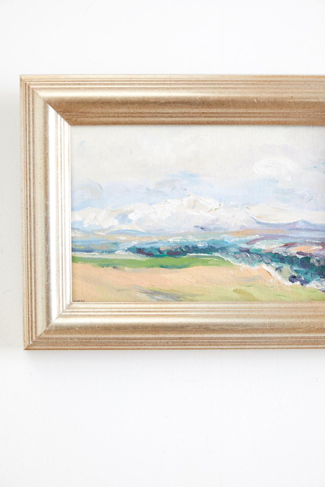 Charming oil on canvas painting of an abstract California landscape scene. Signed on bottom left Altay. Thick heavy brush strokes with lovely movement. Set in a silver gilt frame measuring 14.5 wide by 2 inches deep and 11 inches high. Frame covers