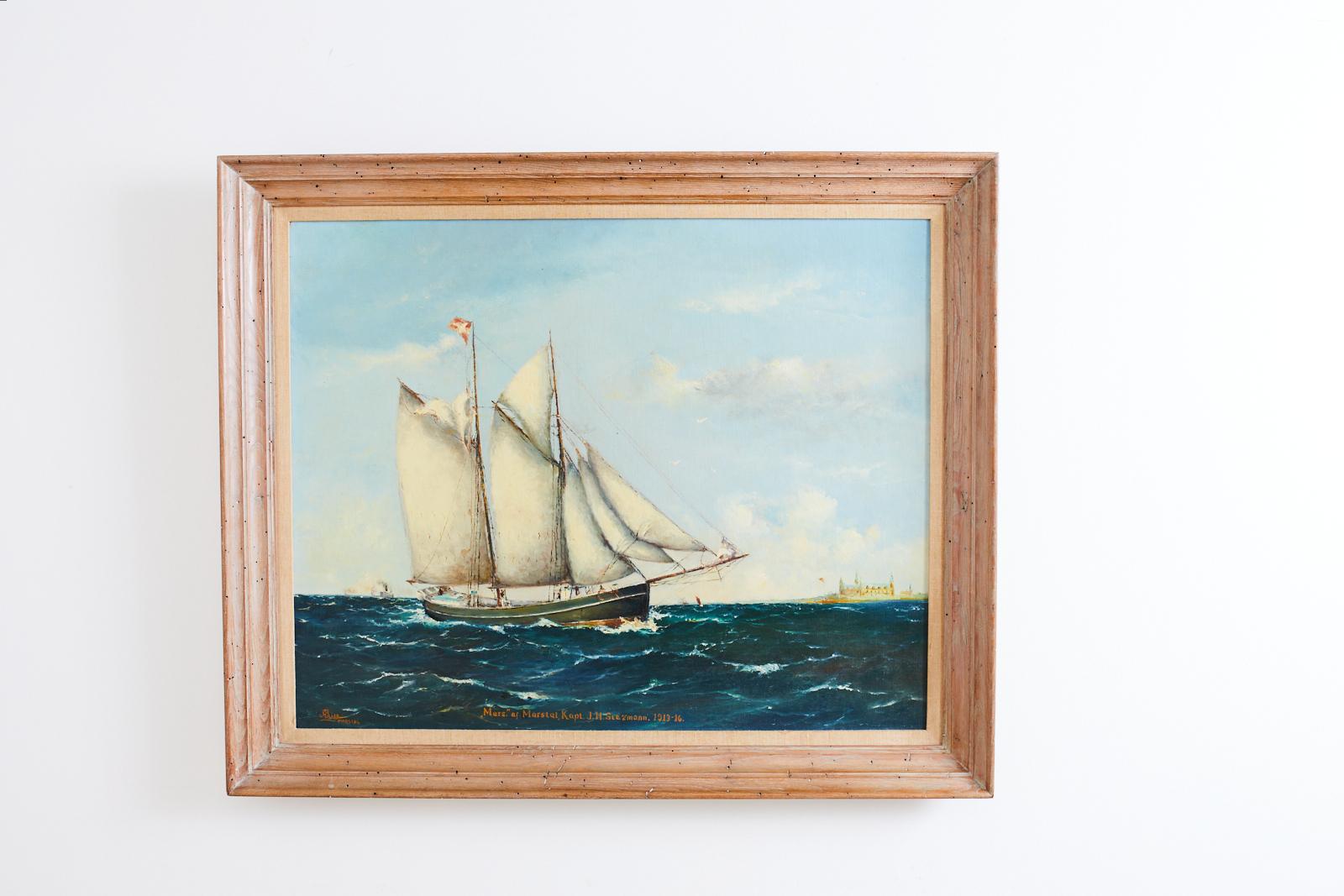 Dänisches Gemälde eines Segelschiffes:: signiert – Painting von A. Rise
