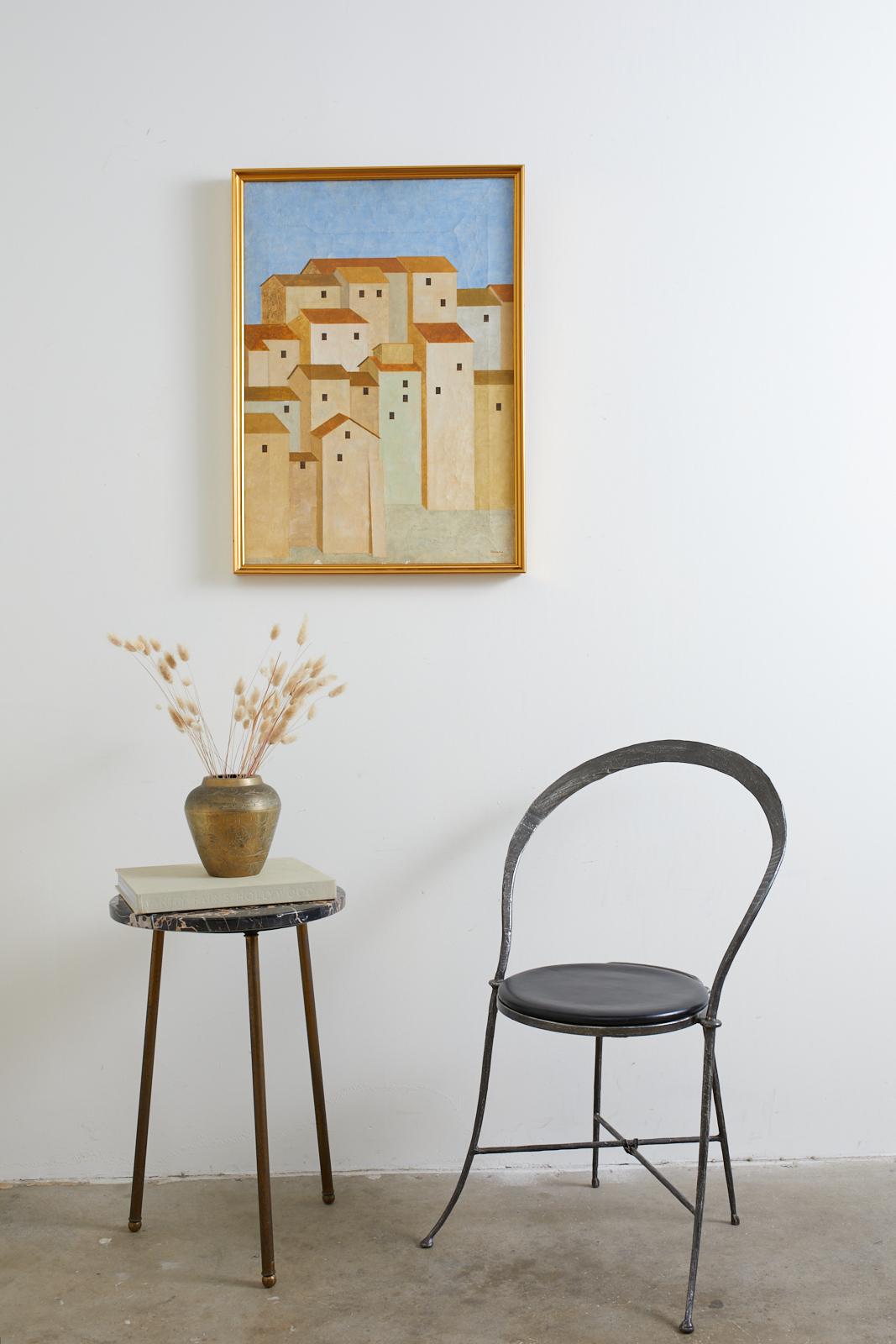 Mid-century modern acrylic on canvas painting depicting abstract geometric building landscape in the Cubism style. The 20th century style is represented in architectural building design using three dimensional forms. Signed and dated by artist