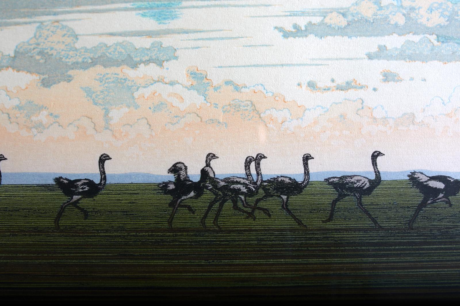 Ostrich Landscape Framed Wood Block Print 2