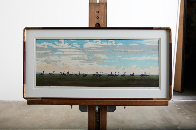 Ostrich Landscape Framed Wood Block Print - Gray Animal Print by Toshi Yoshida