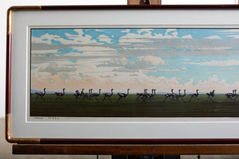 Ostrich Landscape Framed Wood Block Print For Sale 1