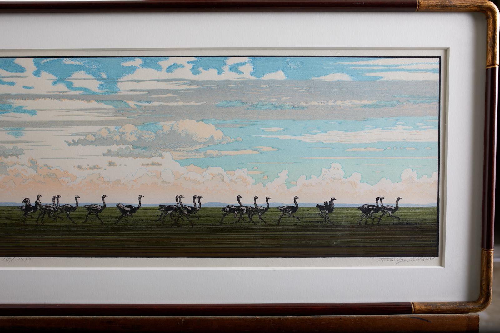 Ostrich Landscape Framed Wood Block Print - Gray Animal Print by Toshi Yoshida