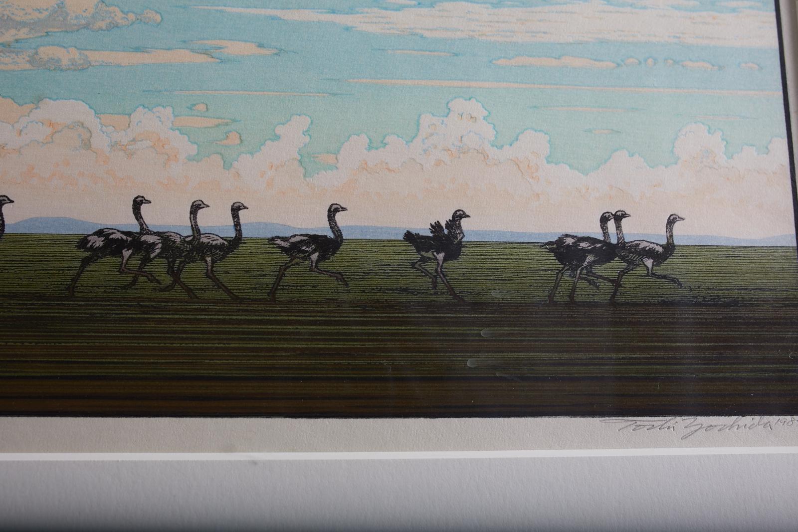 Ostrich Landscape Framed Wood Block Print 6