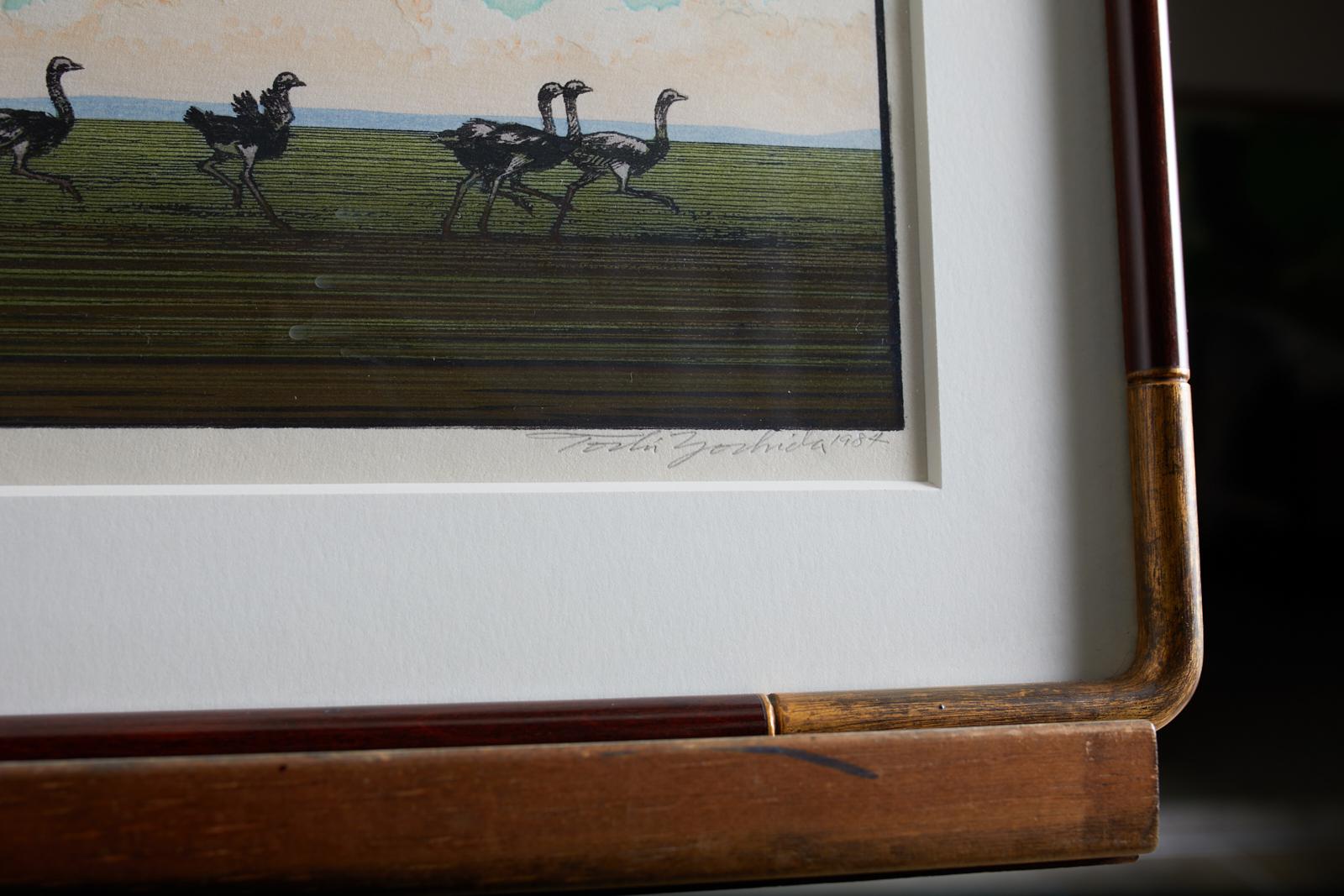 Ostrich Landscape Framed Wood Block Print 7
