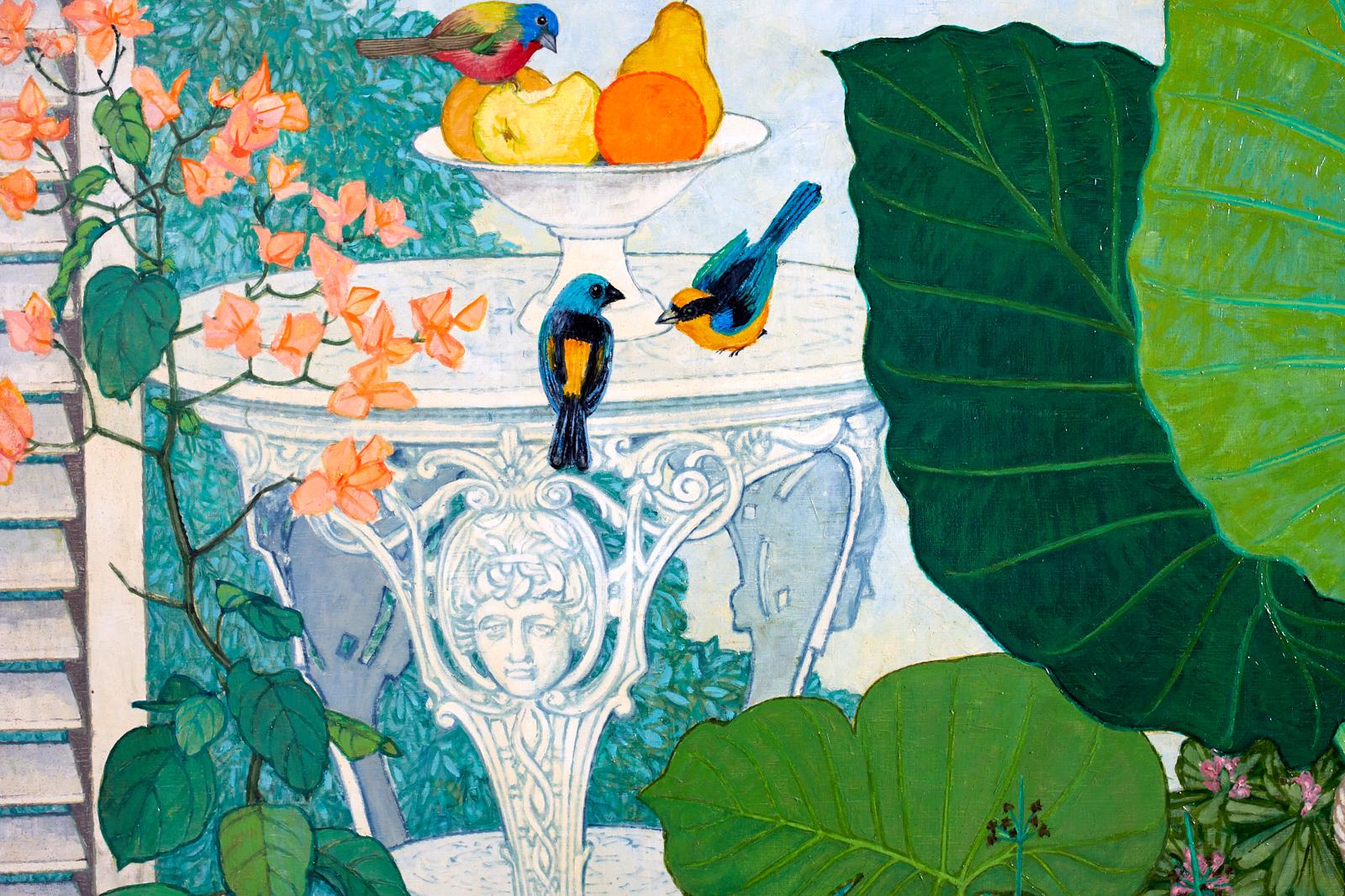 Gorgeous large oil on canvas painting by Frederick Arthur Jessup (Australian 1920-2007). Depicts a garden lily pond scene lush with banana leaves, flowers, birds, and koi fish. Full of bold vivid colors and heavy brushstrokes. Jessup was born in