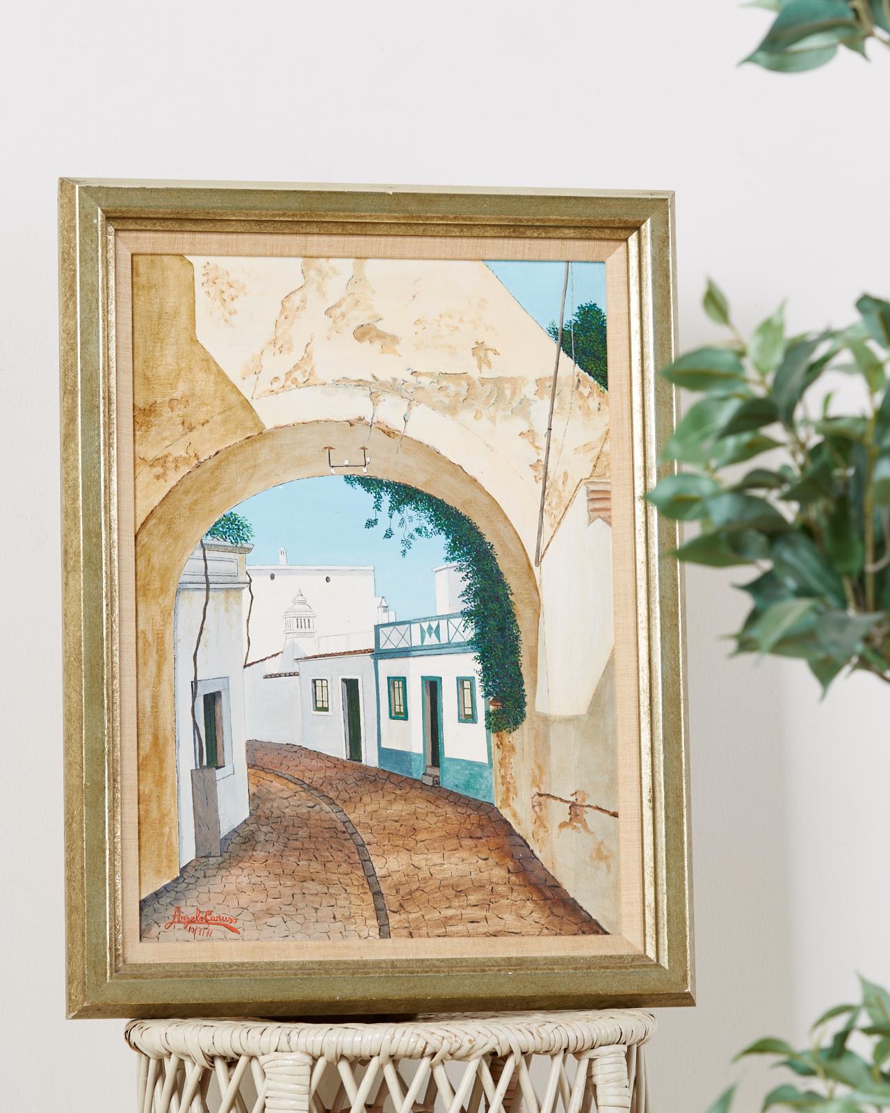 Mediterranean Street Scene with Arch - Painting by Angelo Caruso