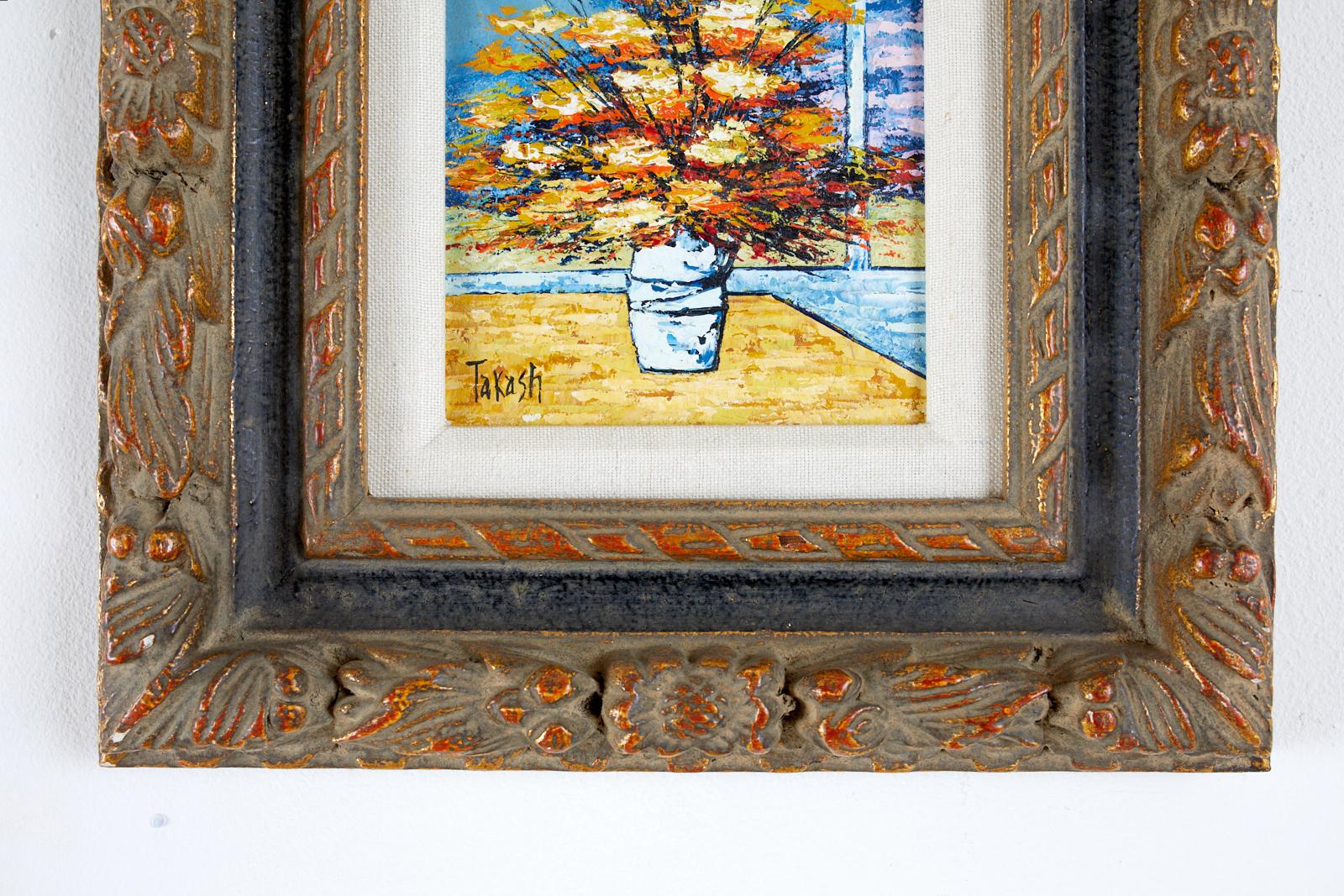 Petite and colorful mid-century impressionist style Japanese still life depicting a flower vase. Bursting with bright vivid colors and thick paint over a serene blue ground. Signed bottom left Takash and set in a gilt wood frame with a small linen