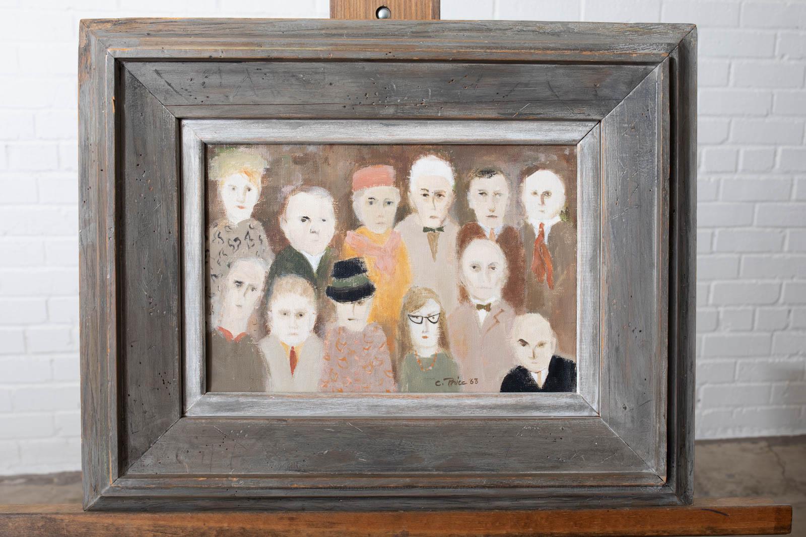 Mesmerizing oil on canvas expressionist painting depicting twelve figures or portraits. Signed and dated C. Price 1963. Art measures 12 inches wide by 8 inches high. Set in a distressed, painted wood frame. From an estate in Hollywood, CA.