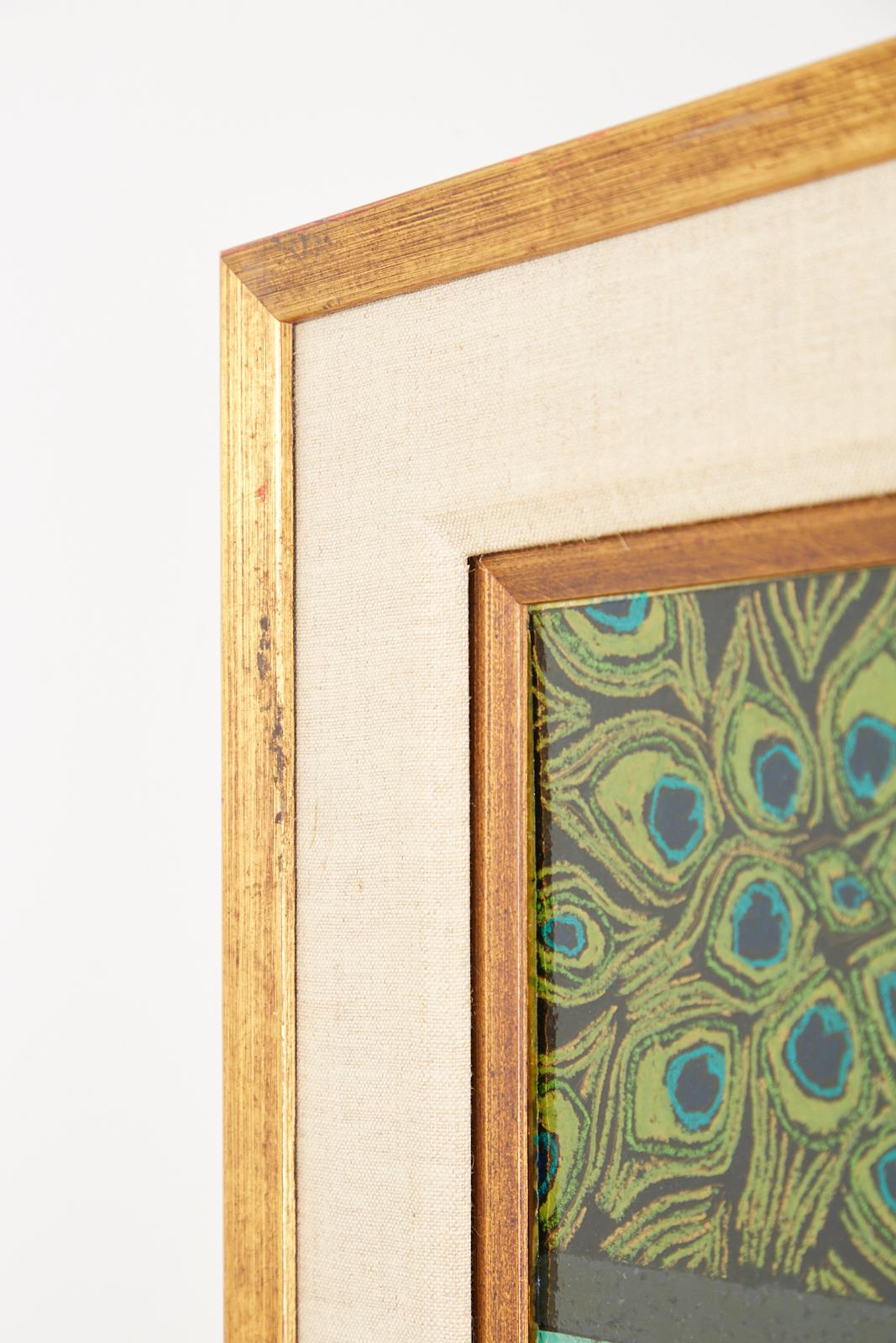Interesting painting by Dorothy Cutter (American b. 20th Century) study of a peacock. Depicts a pair of feather drawings above a large male bird. Signed on right side, dated, titled on verso with gallery sticker in Carmel, CA. Set in a deep gilt