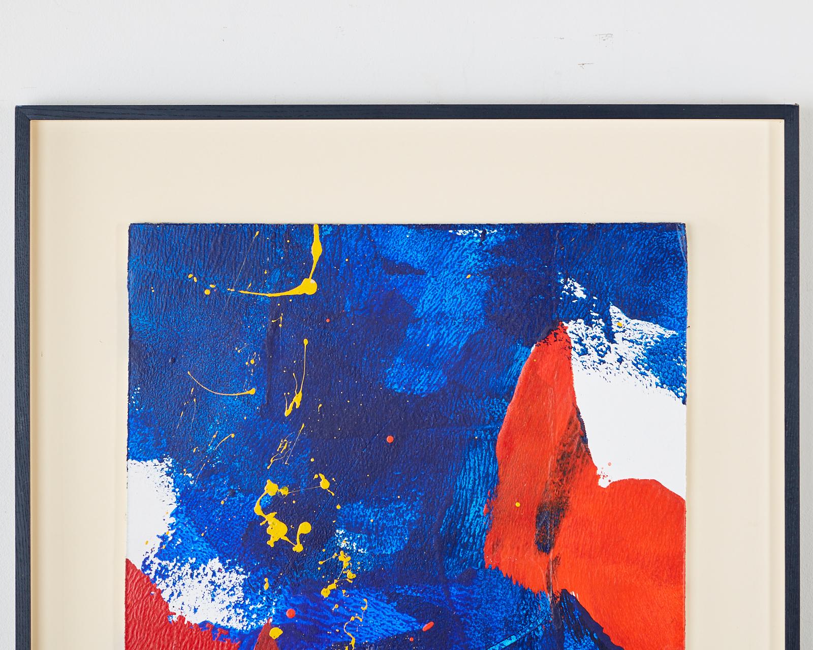 Captivante peinture acrylique abstraite sur carton de Marguerite Saegesser (Suisse 1923-2011) montée dans un cadre en bois ébène. Signé au verso au crayon. Affiche des couleurs vives et de l'énergie. Saegesser était un résident de longue date de