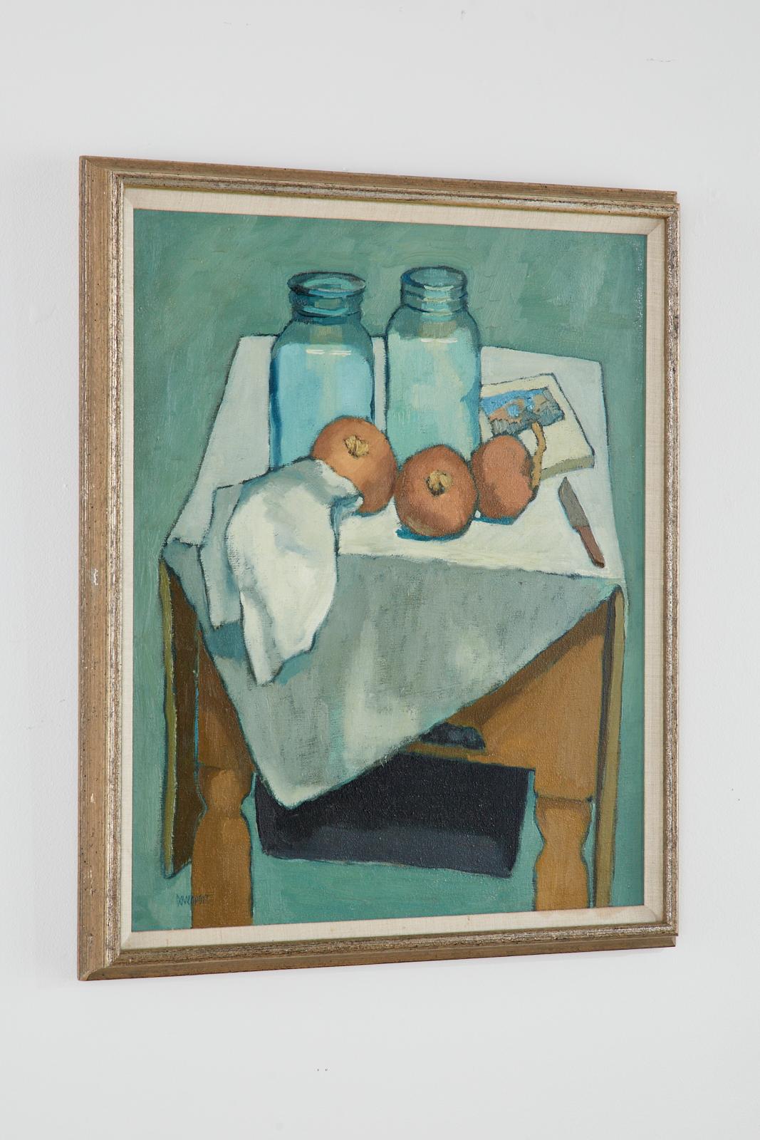 Bottles and Onions Still Life Painting - Gray Still-Life Painting by Jill Davenport
