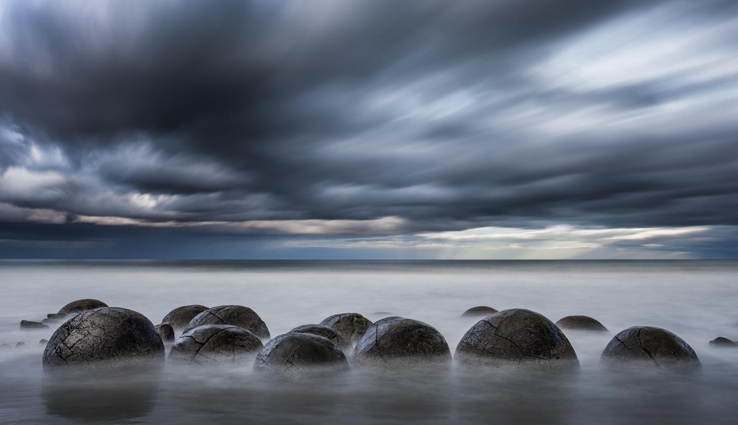 Ignacio Heras Castan Landscape Photograph - Moeraki Boulders, New Zealand   47 in x 70 in (Blue)