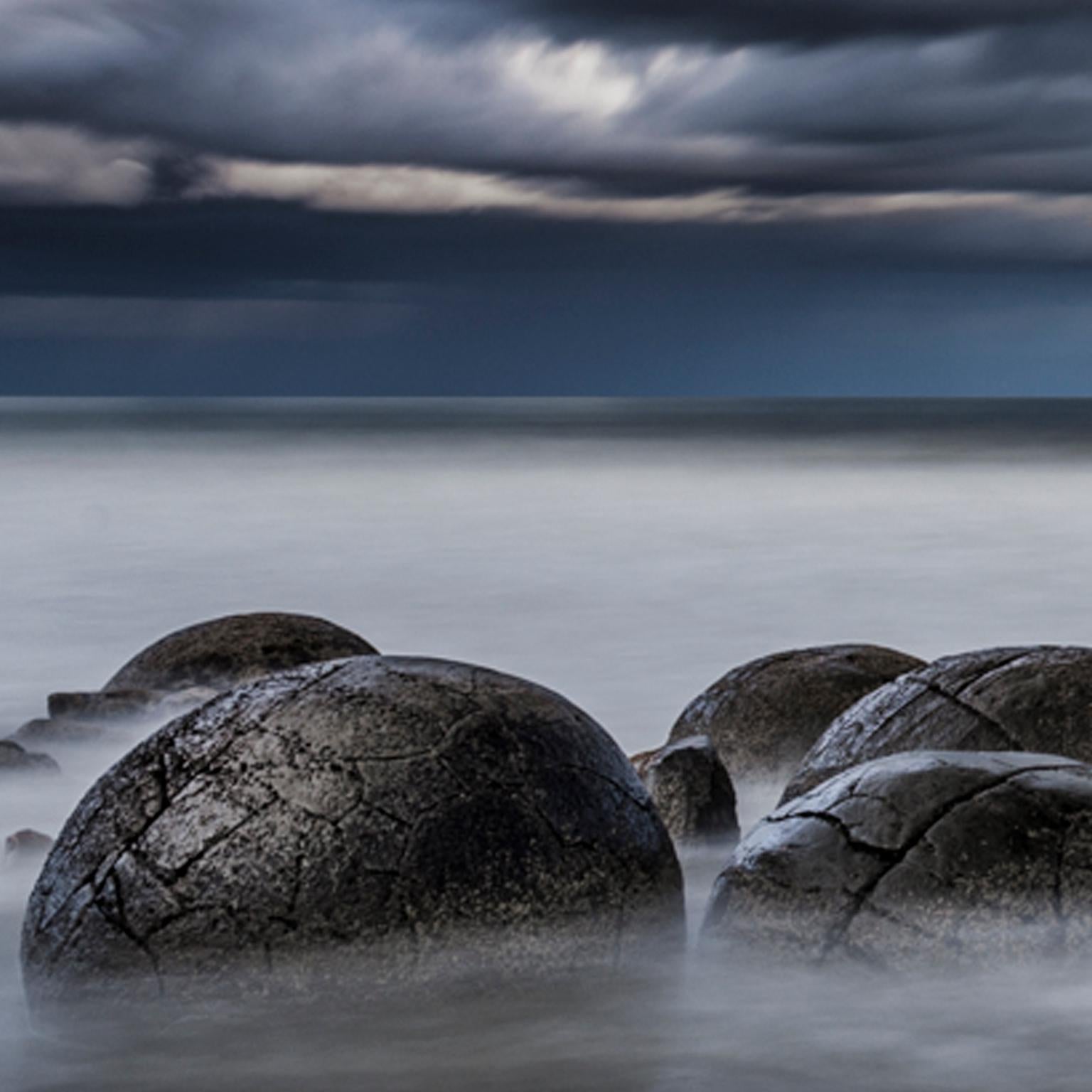 Moeraki Boulders, New Zealand   47 in x 70 in (Blue) - Naturalistic Photograph by Ignacio Heras Castan