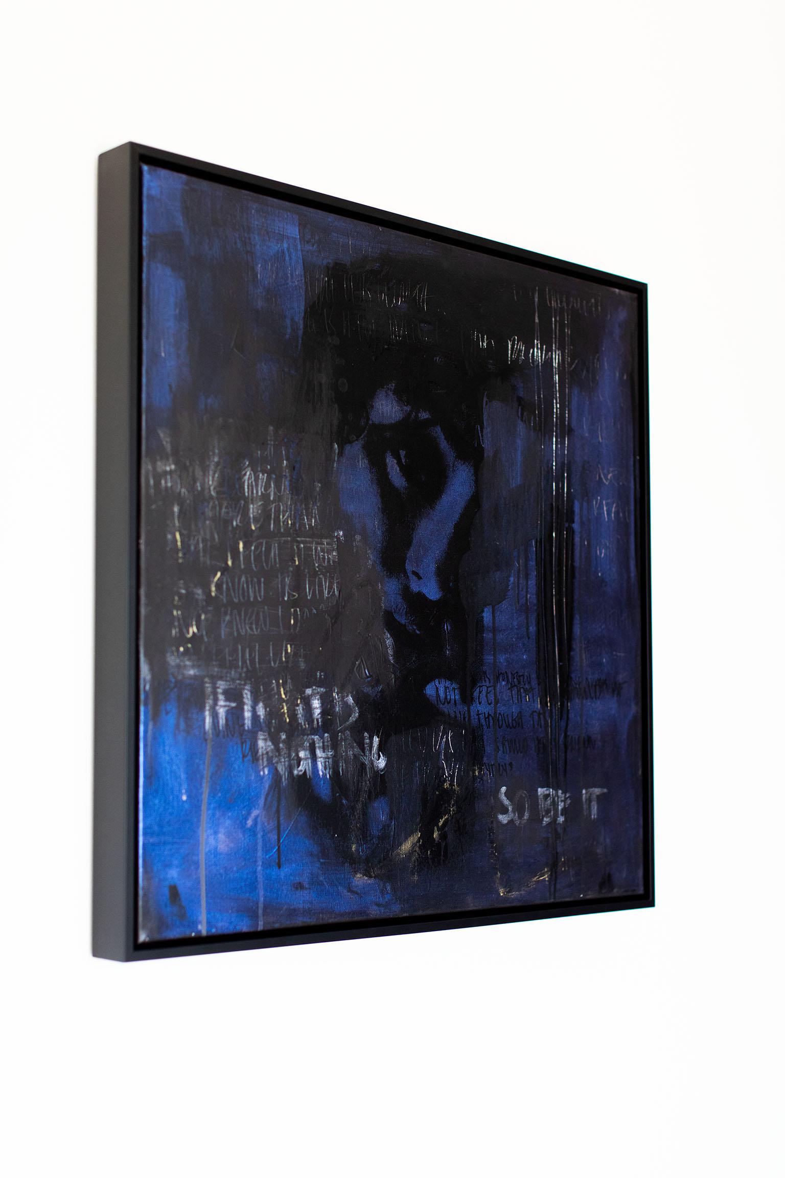 Street Art, Black and Blue Painting, Portrait Painting-A Face Between the Words For Sale 2