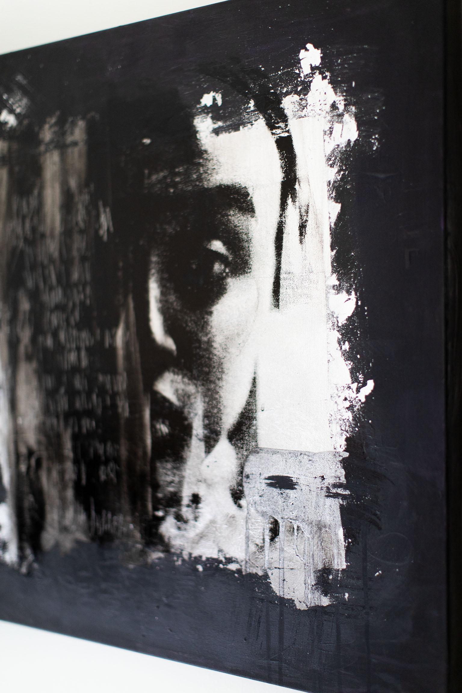 Black and Silver Painting, Mixed Media Art, Street Art-The Girl in the Silver - Gray Abstract Painting by Addison Jones