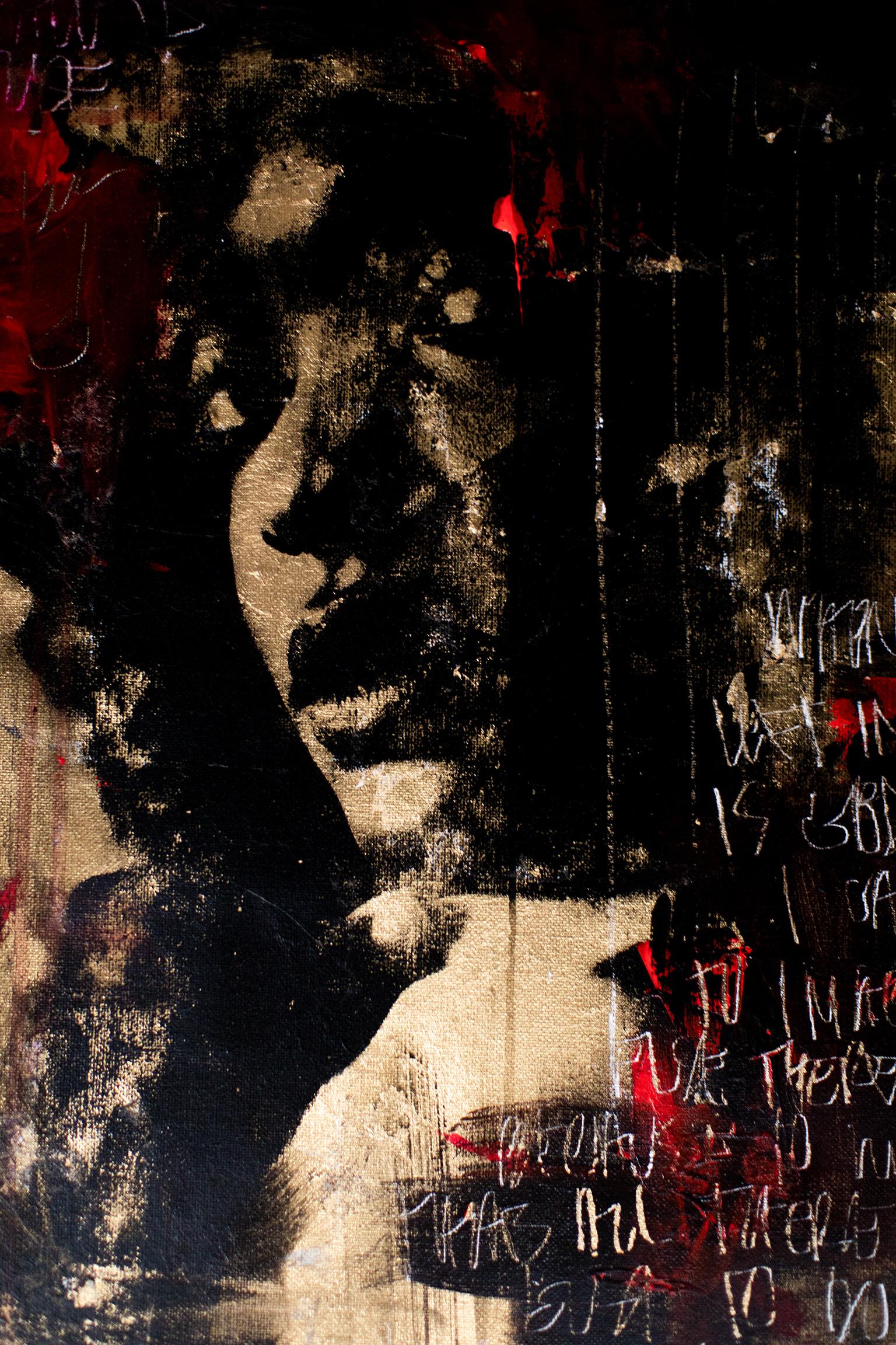 Arte Callejero, Pintura en Negro y Rojo, Arte en Pan de Oro-Jugando con la Basura Polka - Painting Contemporáneo de Addison Jones