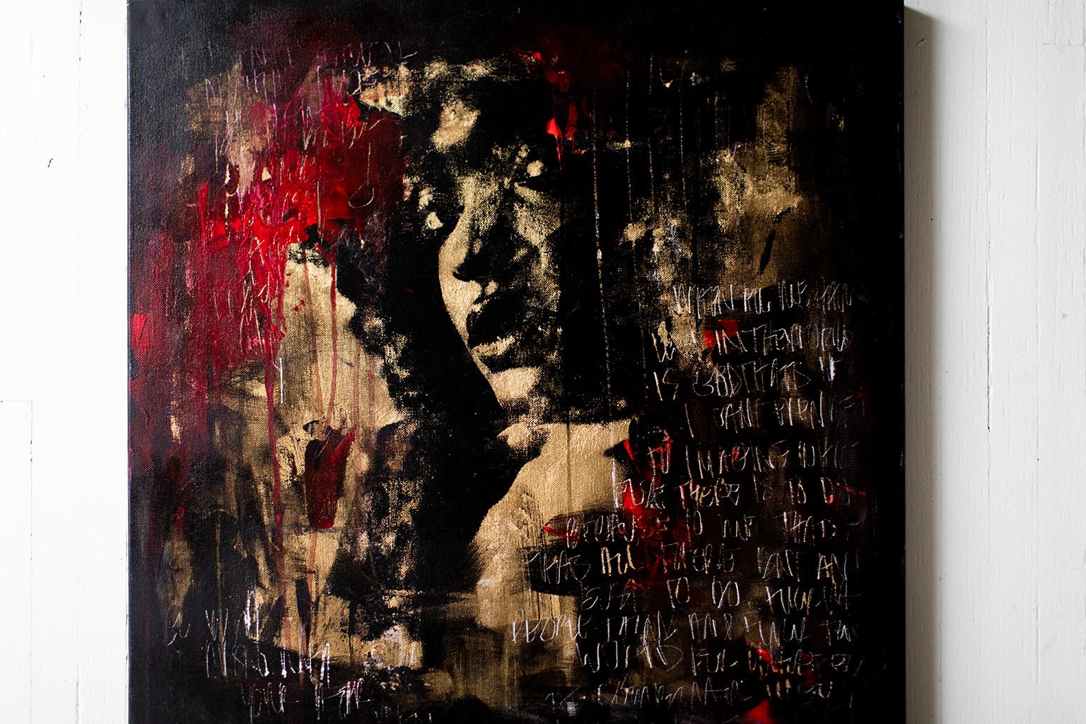 Street Art, Black and Red Painting, Gold Leaf Art-Playing with Trash Polka
 
A B O U T  T H I S  P I E C E :
“Playing With Trash Polka” is Gold Mixed Media Street Art by Addison Jones featuring her own portrait photography. It features strong blacks