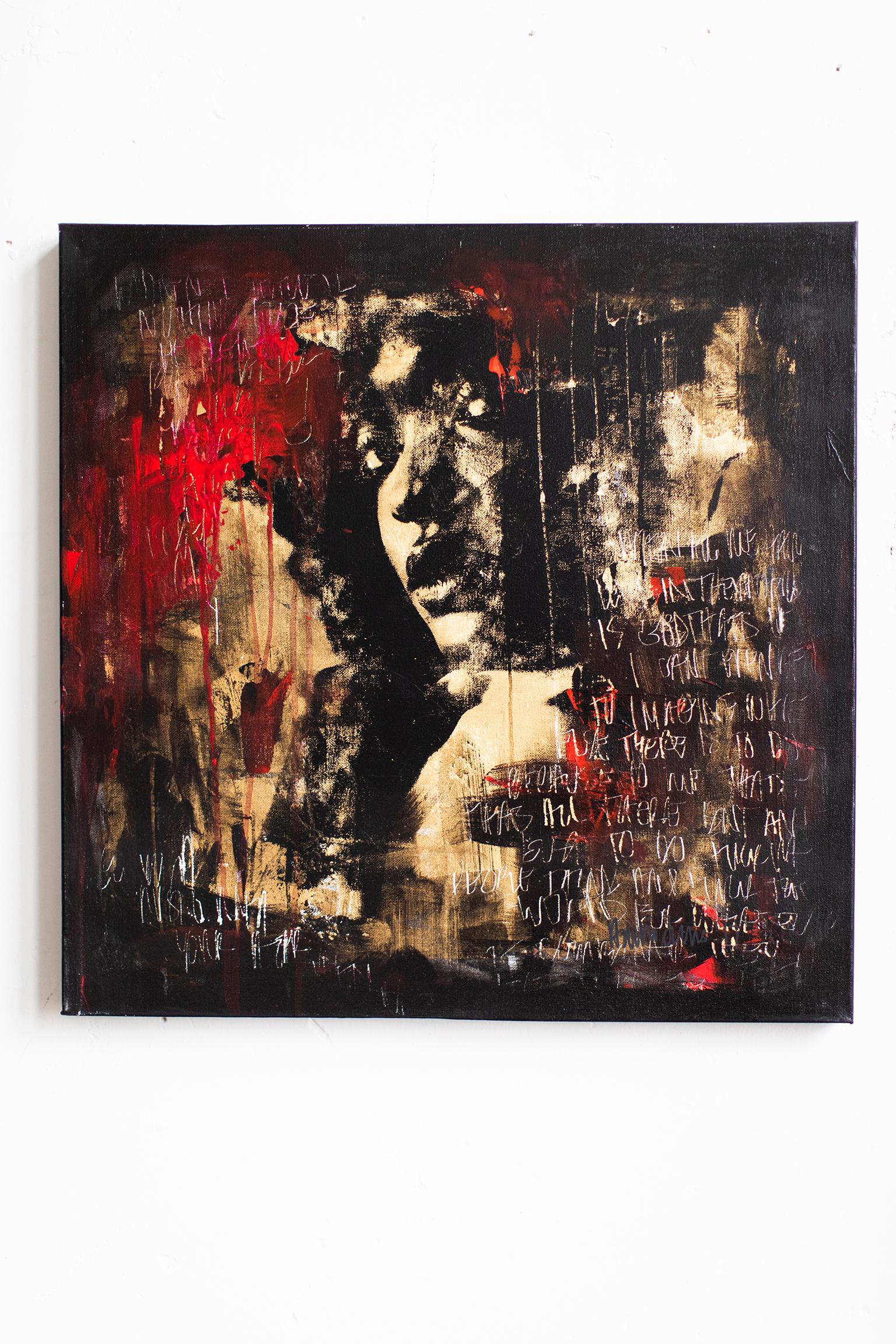 Street Art, Black and Red Painting, Gold Leaf Art-Playing with Trash Polka For Sale 3