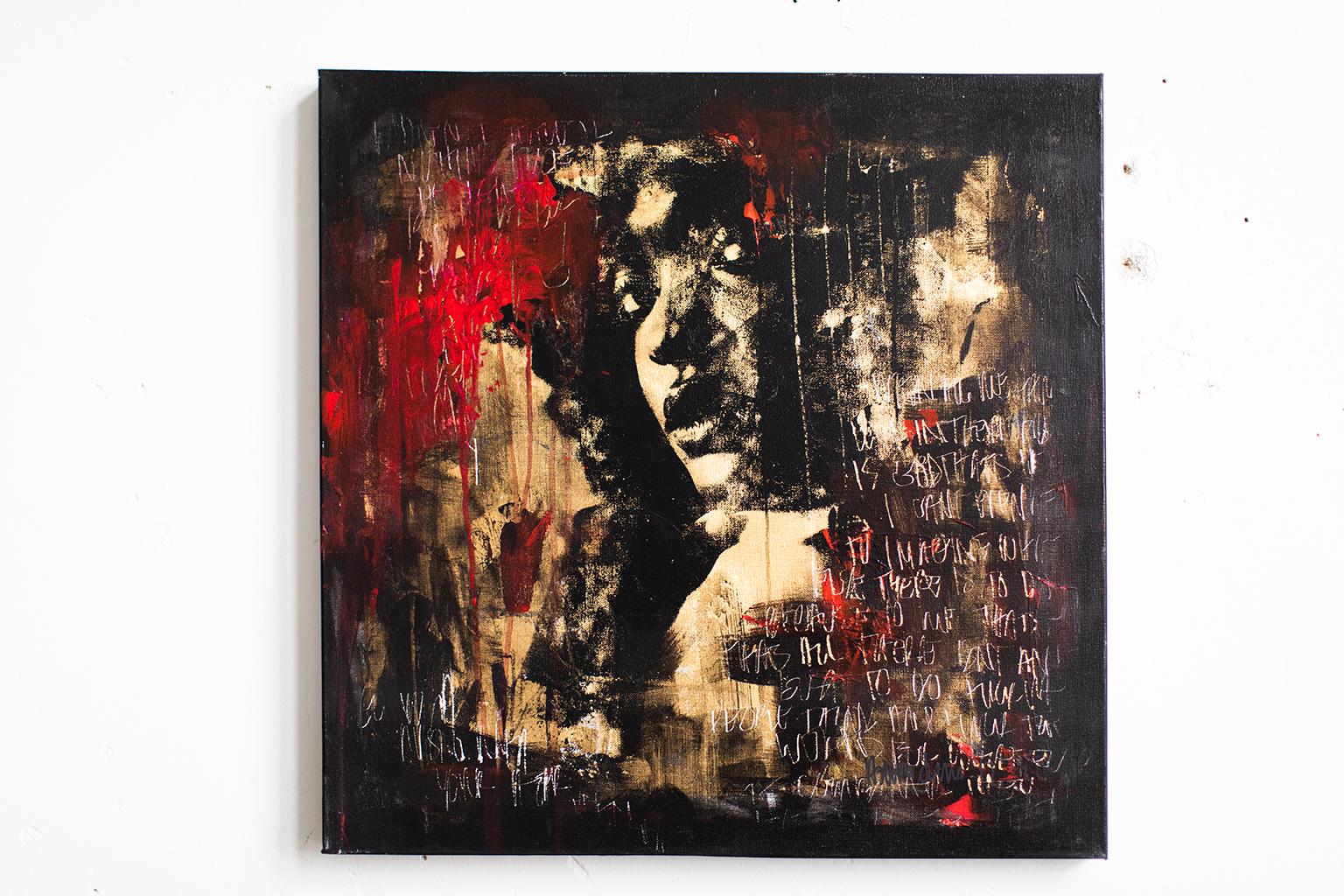 Street Art, Black and Red Painting, Gold Leaf Art-Playing with Trash Polka For Sale 9