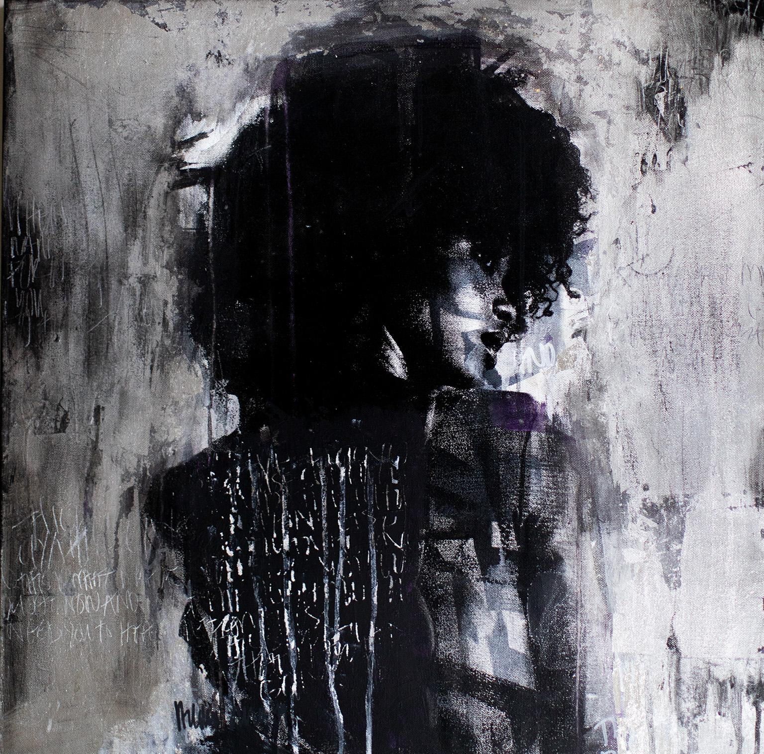  ABOUT THIS PIECE:
“Shadow Girl, (Cortney-A4)” is mixed media street art by Addison Jones featuring her own portrait photography. It’s produced using silver leaf on stretched canvas. This piece can be classified as Contemporary Art, Mixed Media Art,