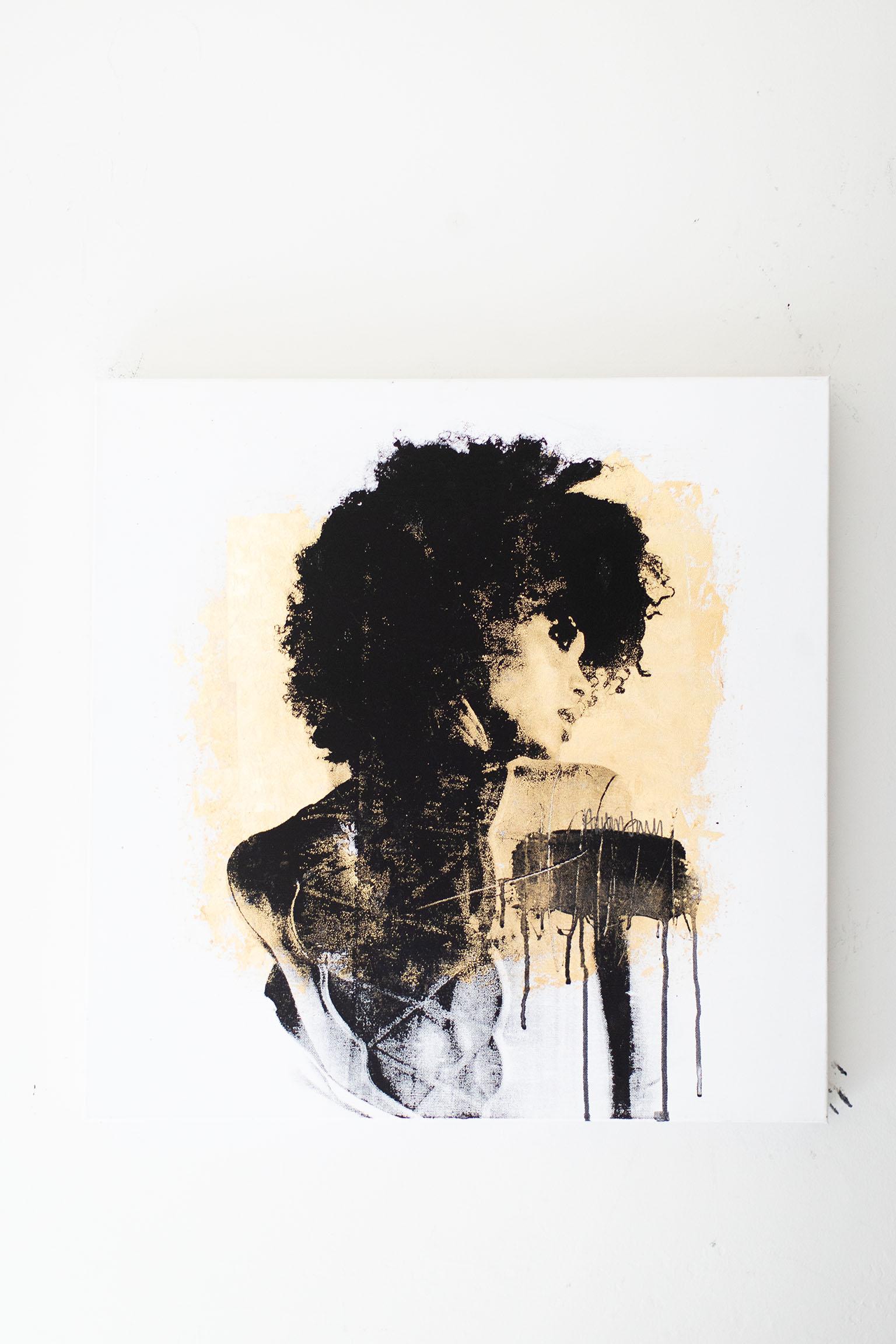 Modern Art, Minimalist Art, Street Art-Shoulder Drip in Trichrome

ABOUT THIS PIECE: 
This minimalist modern street art piece begins as a portrait photograph shot by the artist and evolves into a vibrant and haunting piece using gold leaf on canvas.