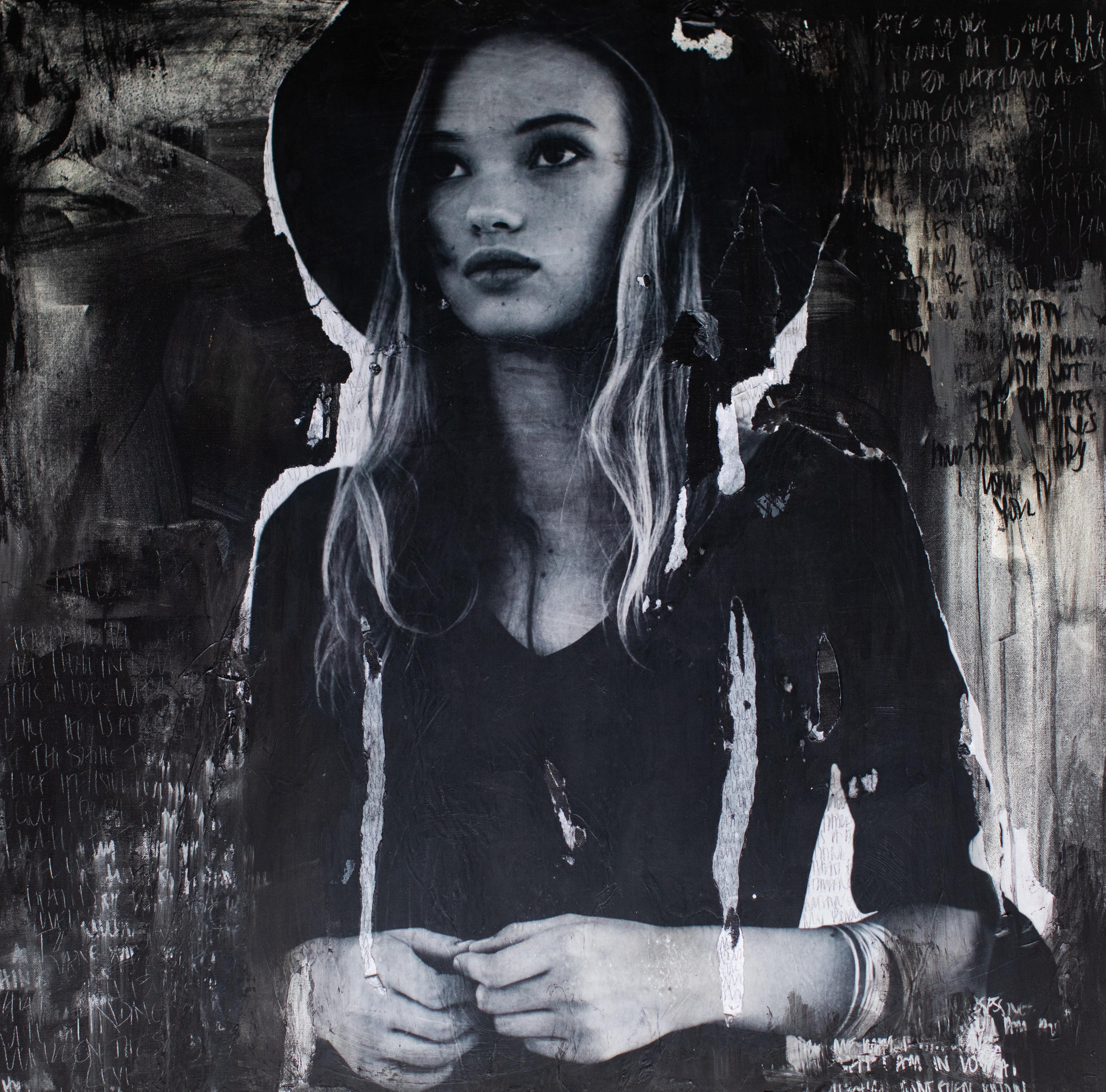 Portrait Painting, Black & White Art, Contemporary Art-Derby Hat For A Dark Day