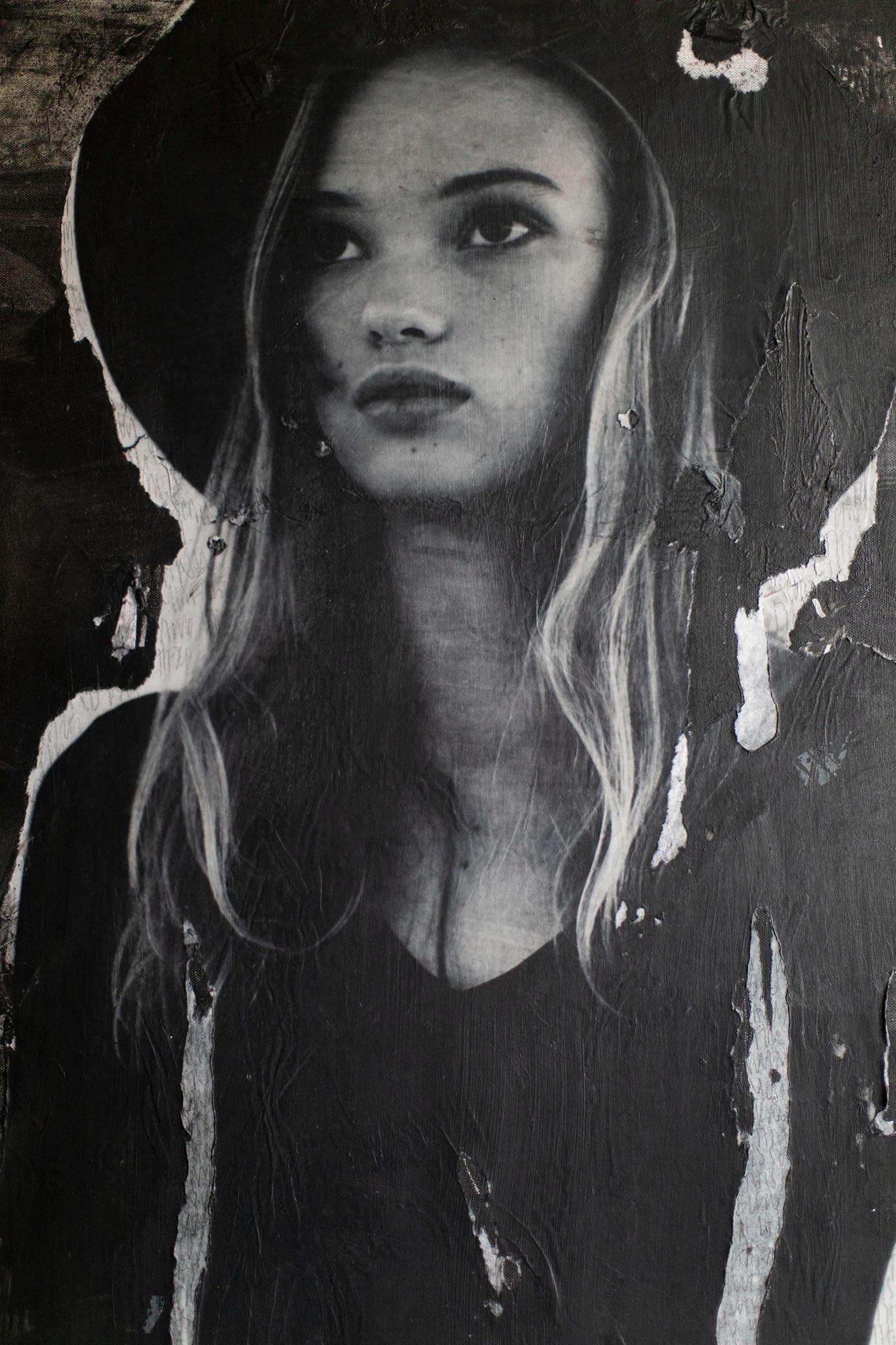 Portrait Painting, Black & White Art, Contemporary Art-Derby Hat For A Dark Day For Sale 6